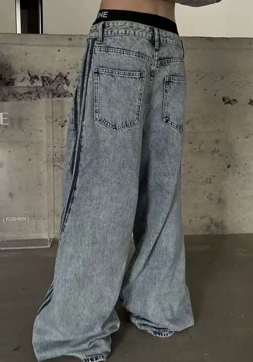 VIBE Avant garde fashion acid wash side striped baggy jeans pants Size US 32 / EU 48 - 6 Thumbnail