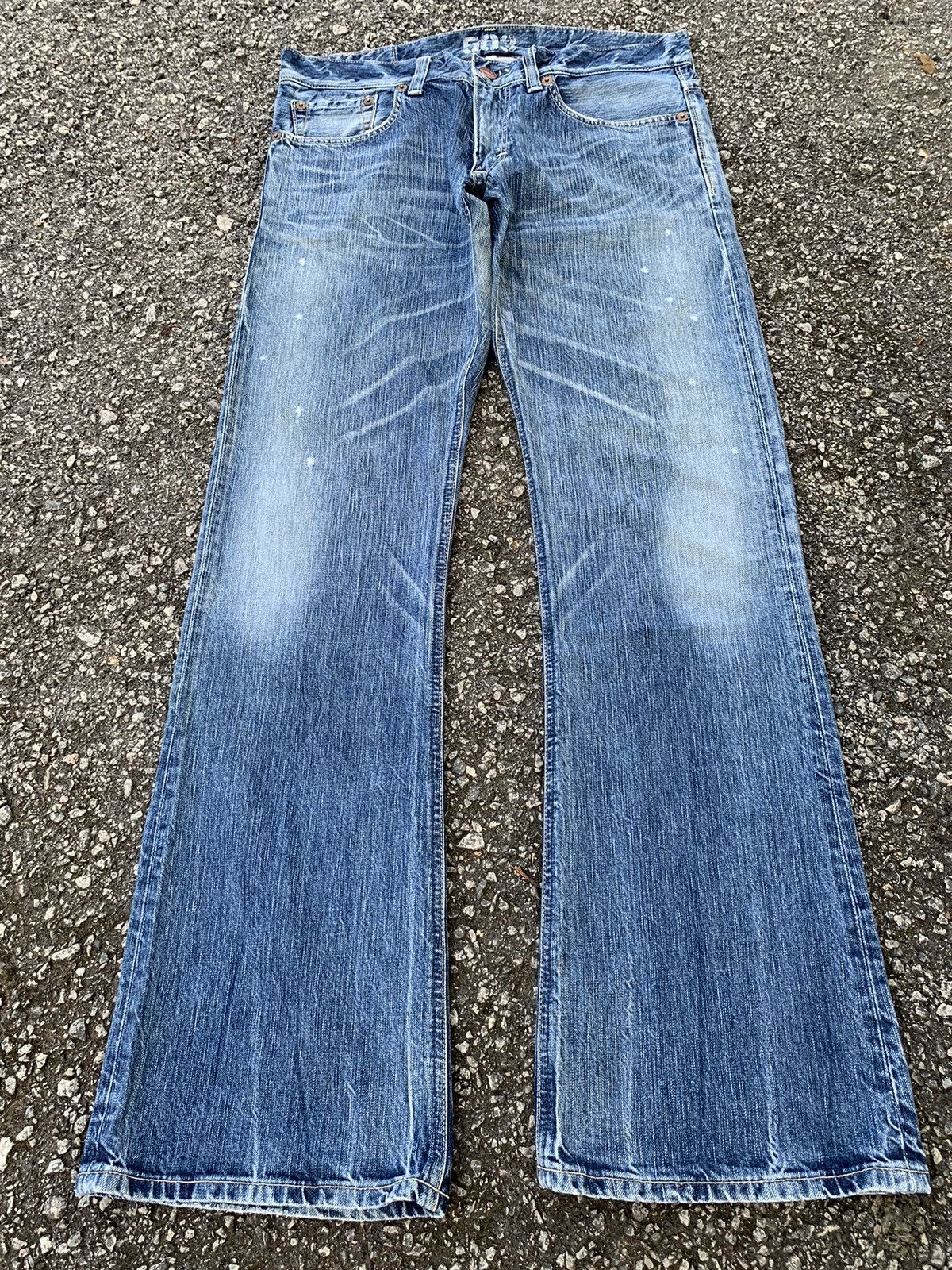 Japanese Brand FLARE💥EDWIN 503 FADED & RUSTY DISTRESSED DENIM Size US 35 - 2 Thumbnail