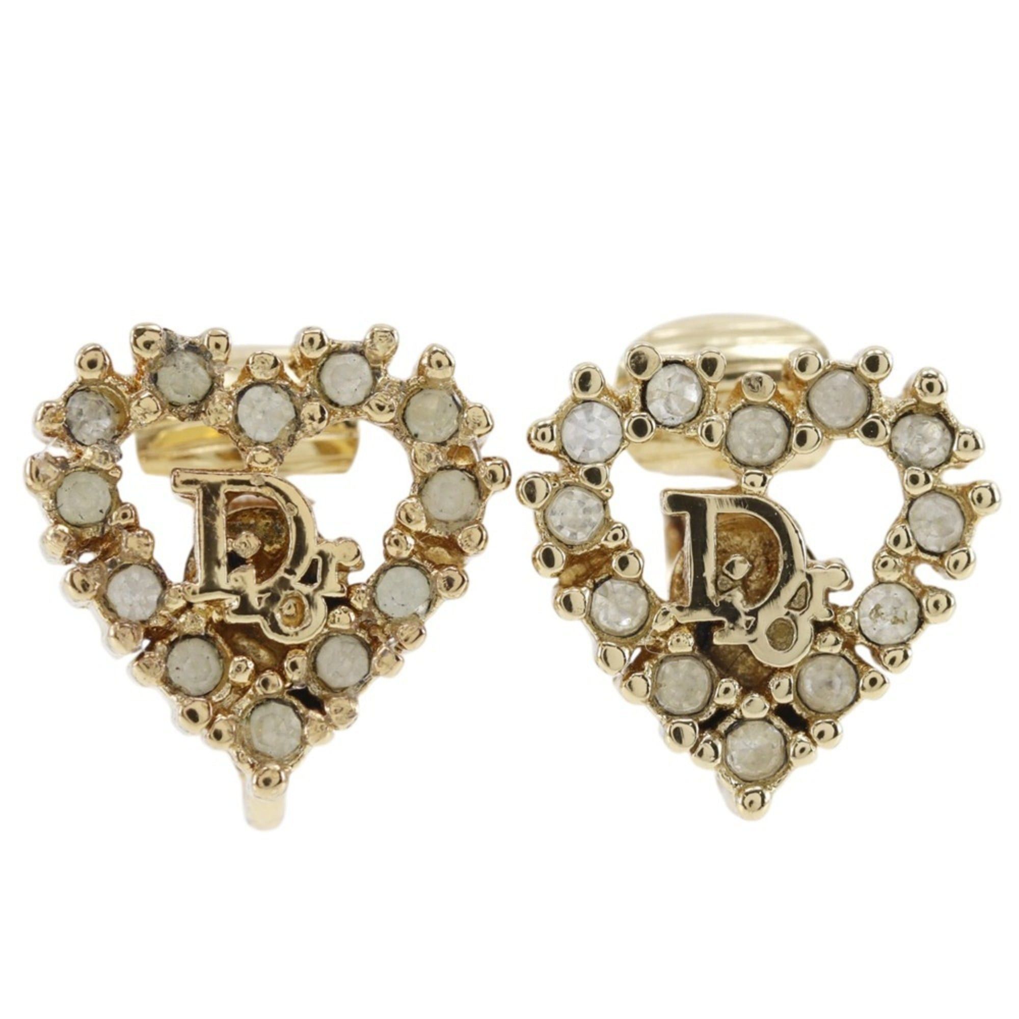 Dior Christian Dior Heart Logo Earrings, Gold Plated with Rhinestones, Approx. 3.9g, Women's. Size ONE SIZE - 1 Thumbnail