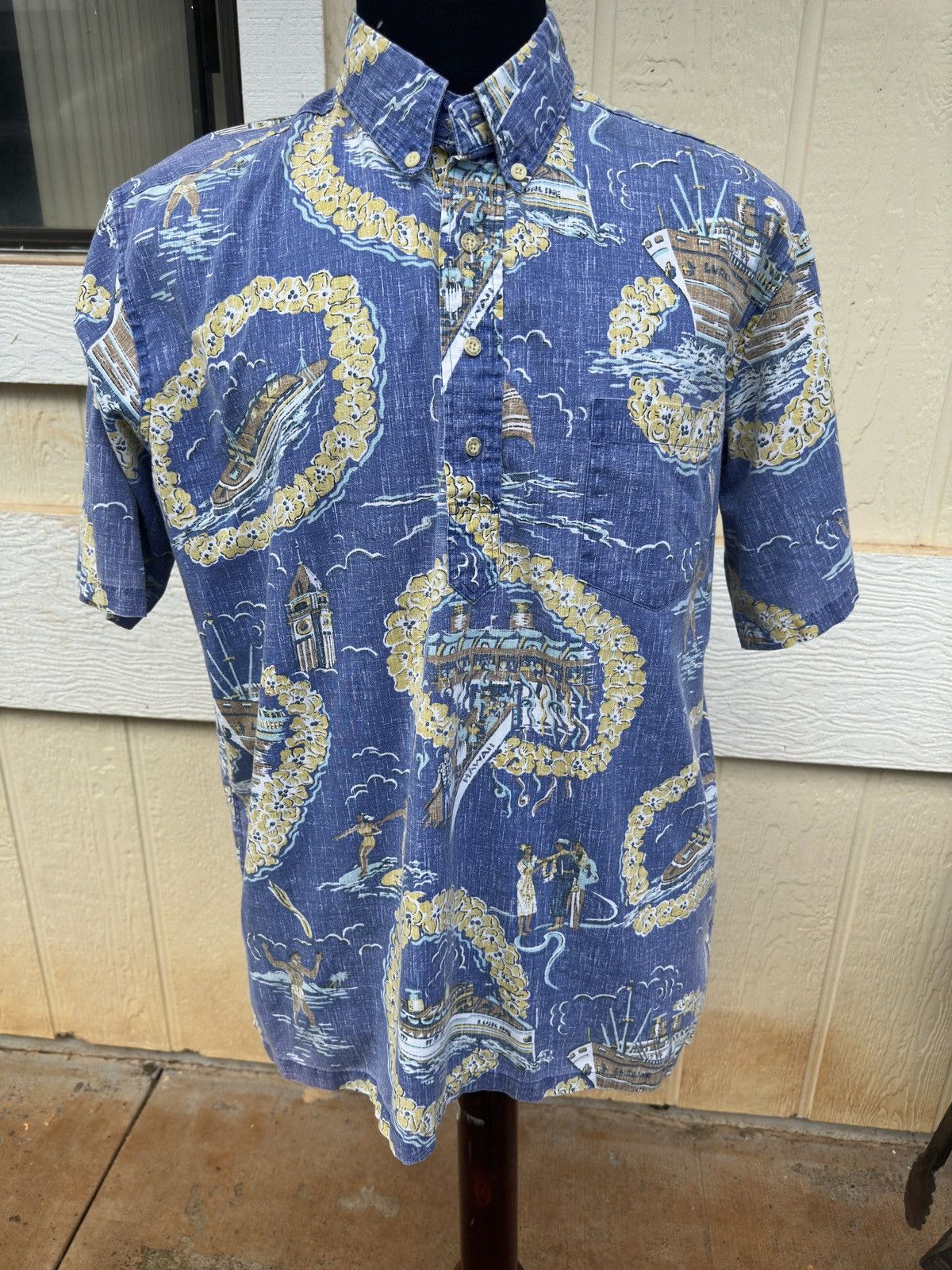 Reyn Spooner Blue Hawaiian Print 3/4 Button Men's Large
