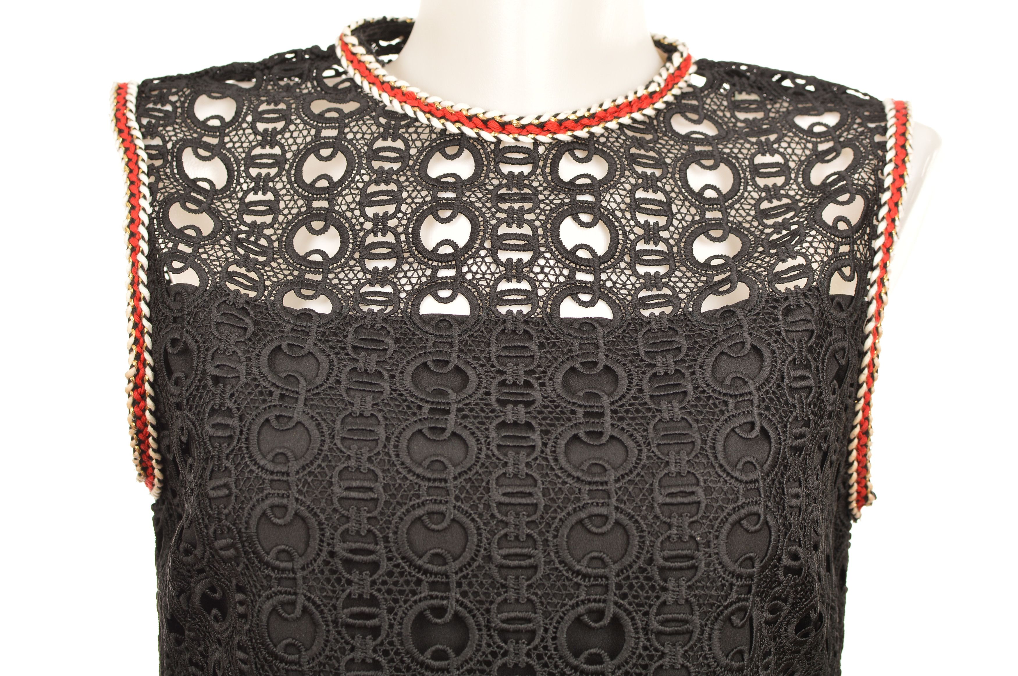 Sandro Sandro Crochet Black Dress with Red/White Braided Details Size XS / US 0-2 / IT 36-38 - 2 Thumbnail