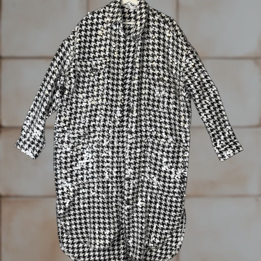 Zara ZARA Overshirt Sequin Limited Edition Black Houndstooth Womens L Large NWT Button-Up Shirt Size L / US 10 / IT 46 - 1 Thumbnail