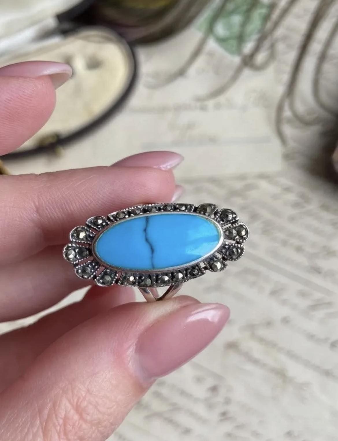 Jewelry Vintage Sterling Silver 925 Ring Natural Turquoise Size 6 Size ONE SIZE - 7 Thumbnail