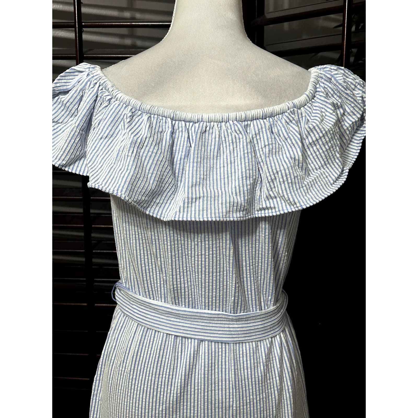 Michael Kors Michael Kors Women's Blue/White Striped Off Shoulder Dress S Size S / US 4 / IT 40 - 6 Thumbnail
