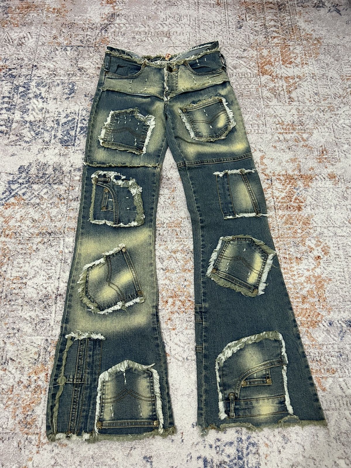 If Six Was Nine Modernistic Acid Wash Multi Pocket Flare Jeans Size US 28 / EU 44 - 4 Thumbnail