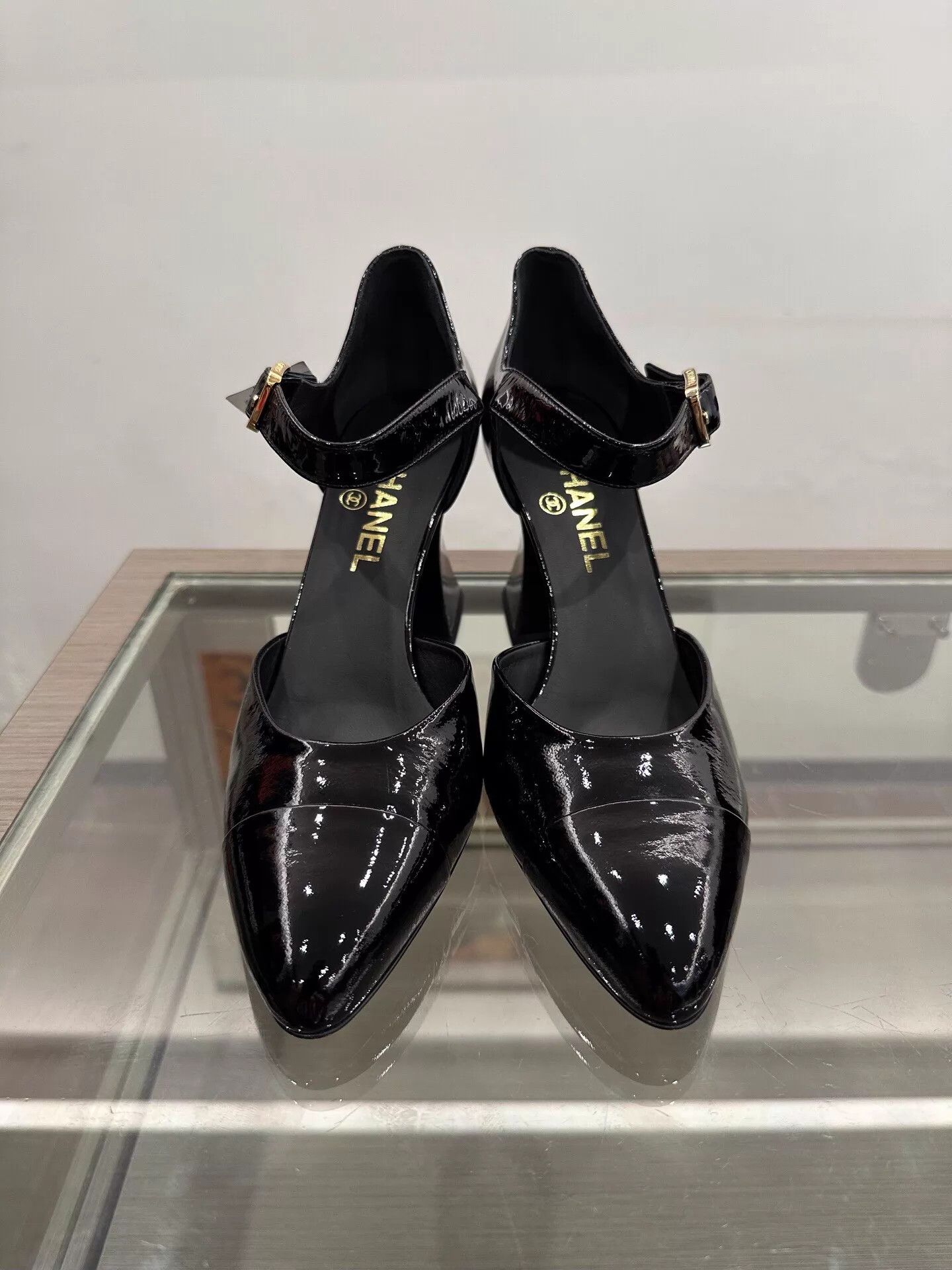 Chanel Chanel Women's Black Patent Leather Strappy Block Heel Pumps Size US 8 / IT 38 - 3 Thumbnail