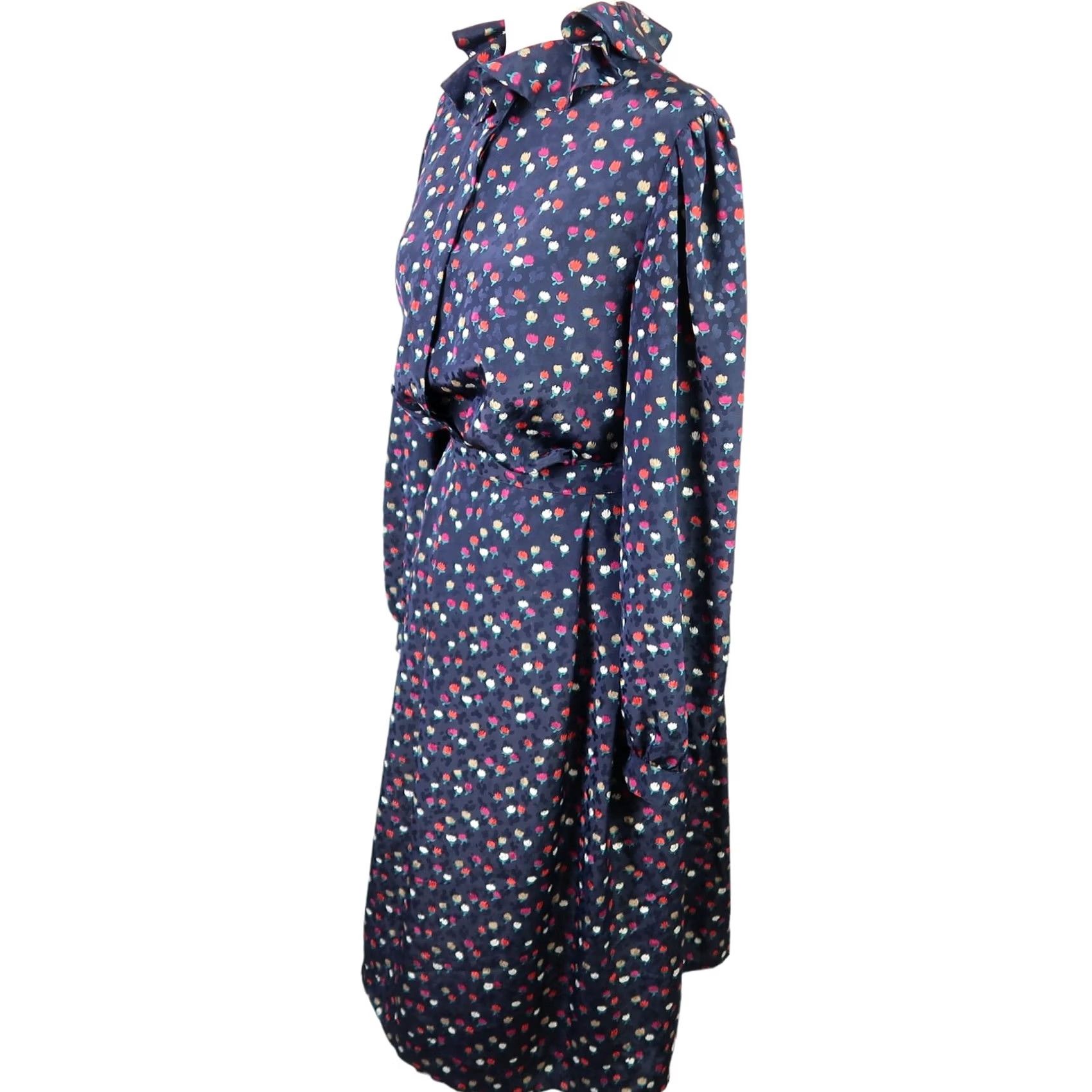Vintage VINTAGE 80s navy blue and red tulip floral two piece blouse and skirt set 10 Size 4XL / US 24-26 - 3 Thumbnail