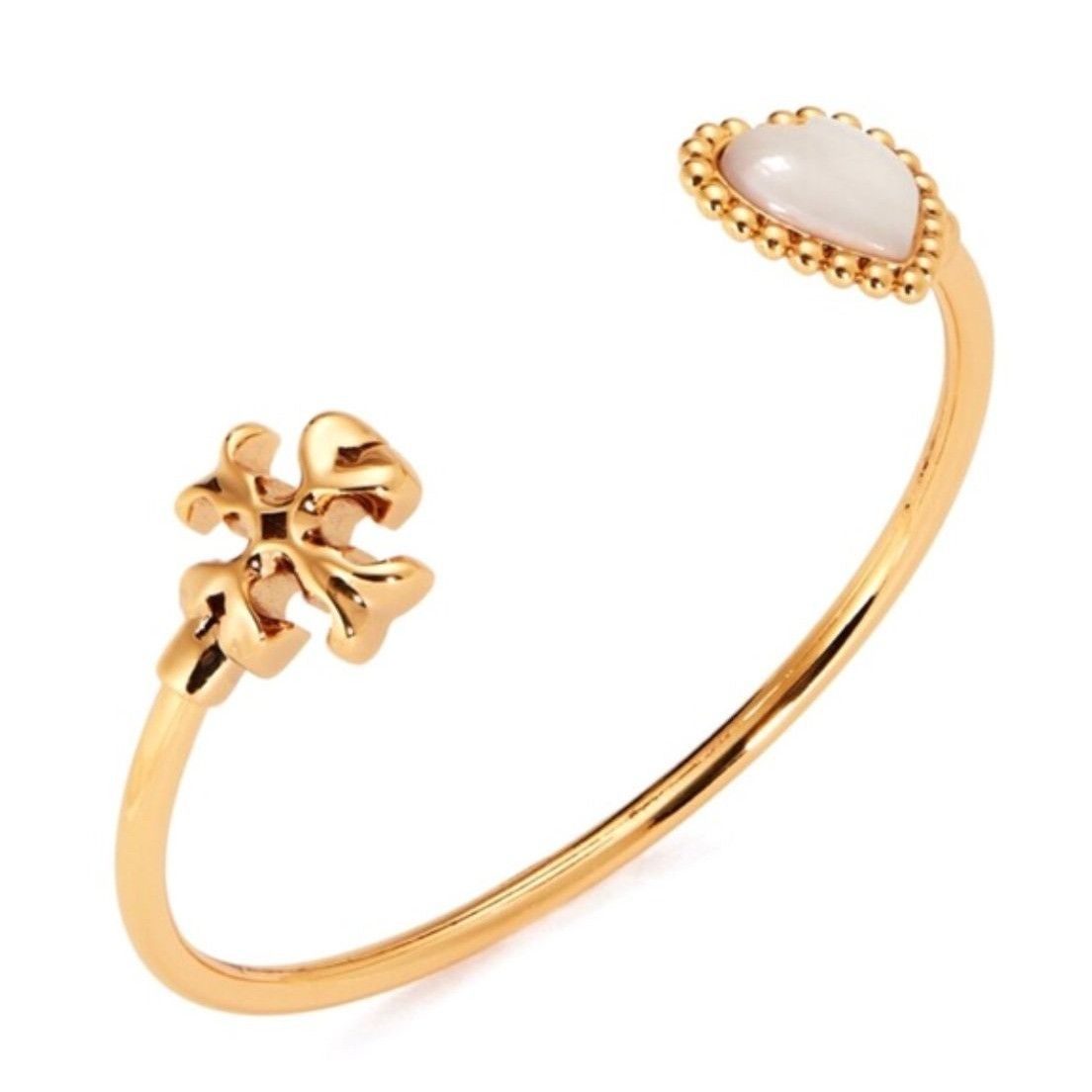 Tory Burch Tory Burch Roxanne Gold Logo & Pearl Heart Cuff Bracelet Size ONE SIZE - 1 Thumbnail