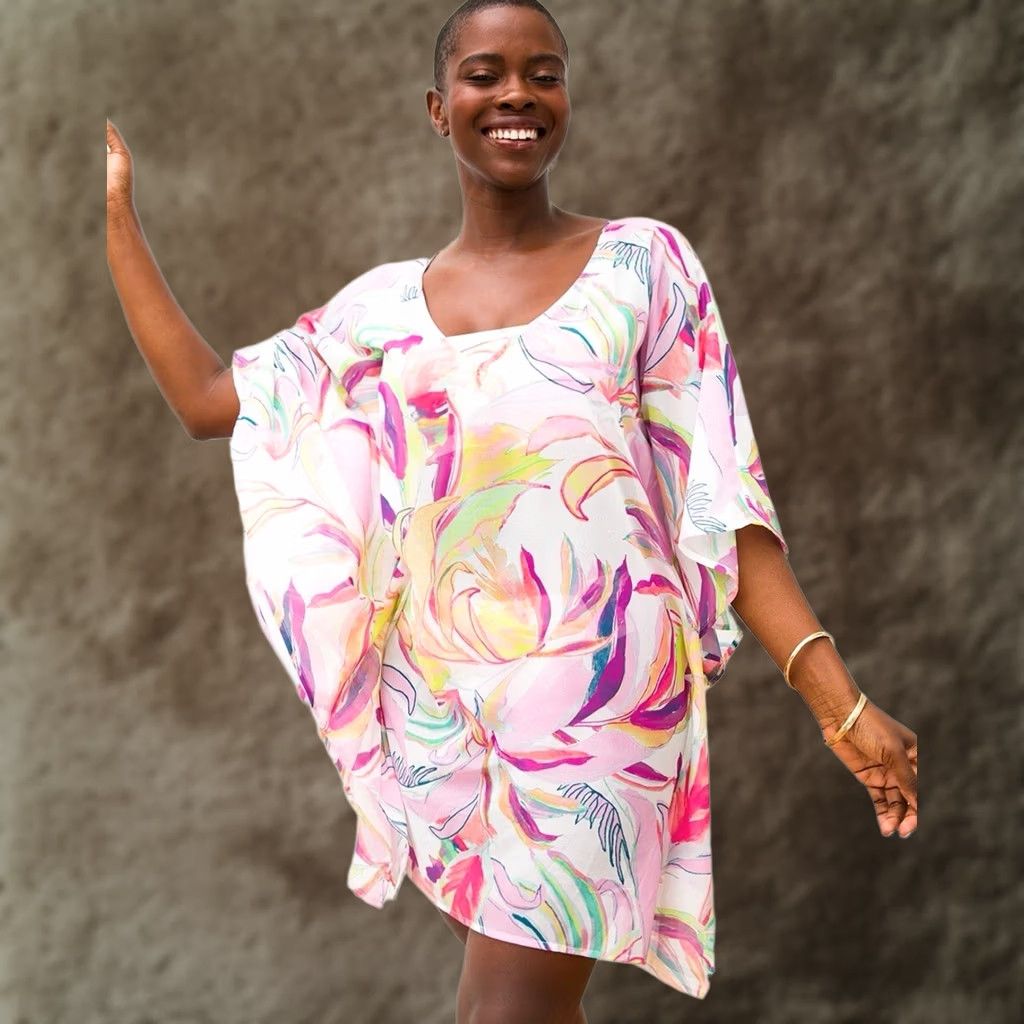 Vintage Soma Swim Chiffon Caftan Cover Up Womens M/L Pastels Abstract Floral Beach Shirt Dress? Size ONE SIZE - 1 Thumbnail