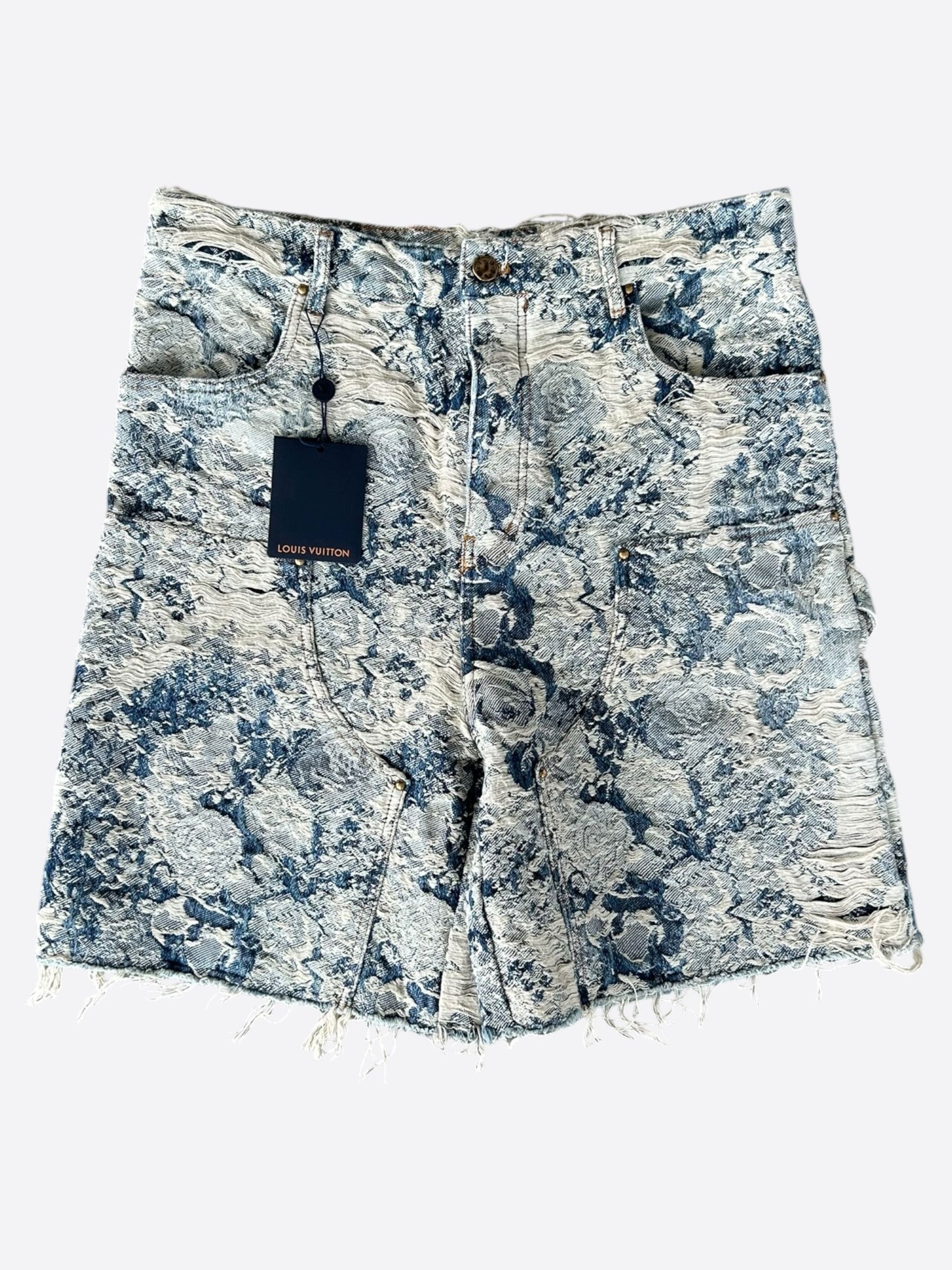 Louis Vuitton Blue & White Floral Distressed Carpenter Shorts Size US 33 - 1 Thumbnail