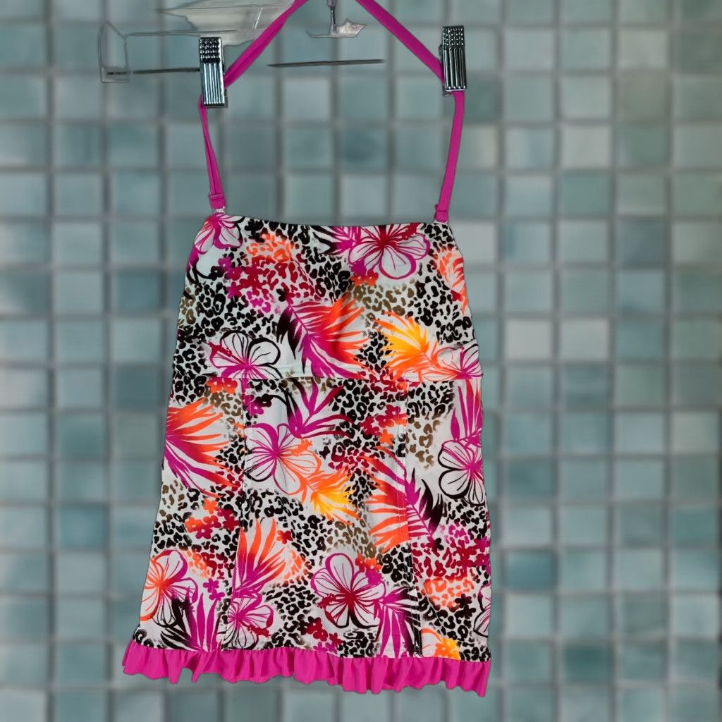 Vintage SO Womens Tankini Top Floral Halter Padded Pink XS - Adjustable Straps, Ruffled - Size XS, Pink, Tankini, Women Size XS / US 0-2 / IT 36-38 - 1 Thumbnail