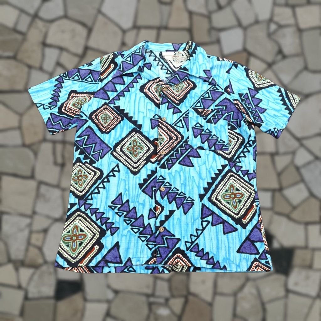 VINTAGE Kings Road Hawaiian Shirt Large Blue Geometric Camp Button-Up 60s Mens