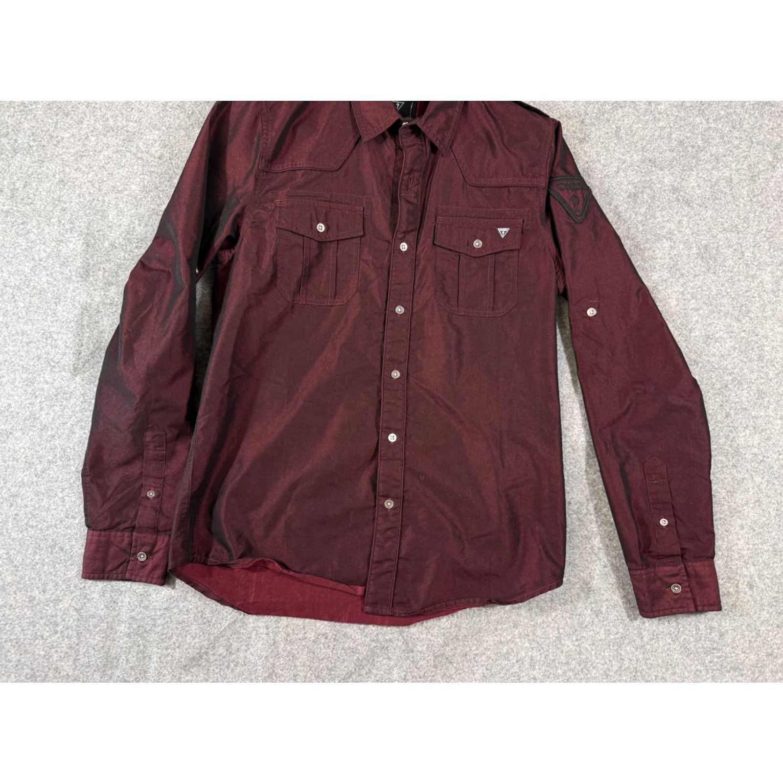 Guess GUESS Iridescent Shirt Mens S Maroon Red Long Sleeve Shoulder Epaulets Button Up Pockets 90s Size US S / EU 44-46 / 1 - 4 Thumbnail