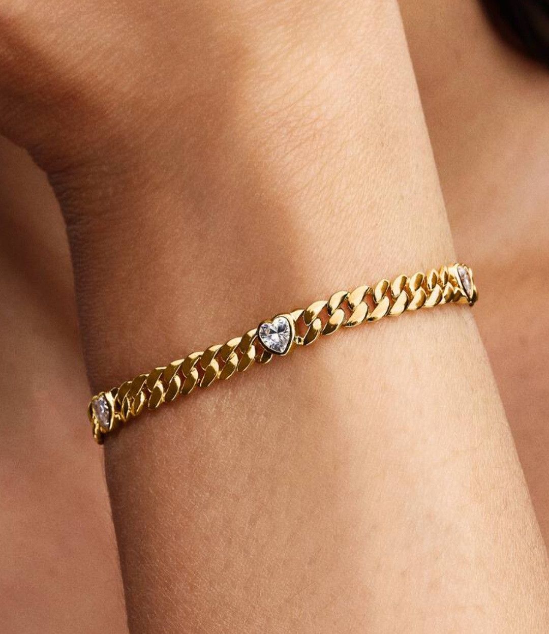 pandora PANDORA 14K GOLD-PLATED CZ HEART CUBAN CHAIN BRACELET Size ONE SIZE - 3 Thumbnail