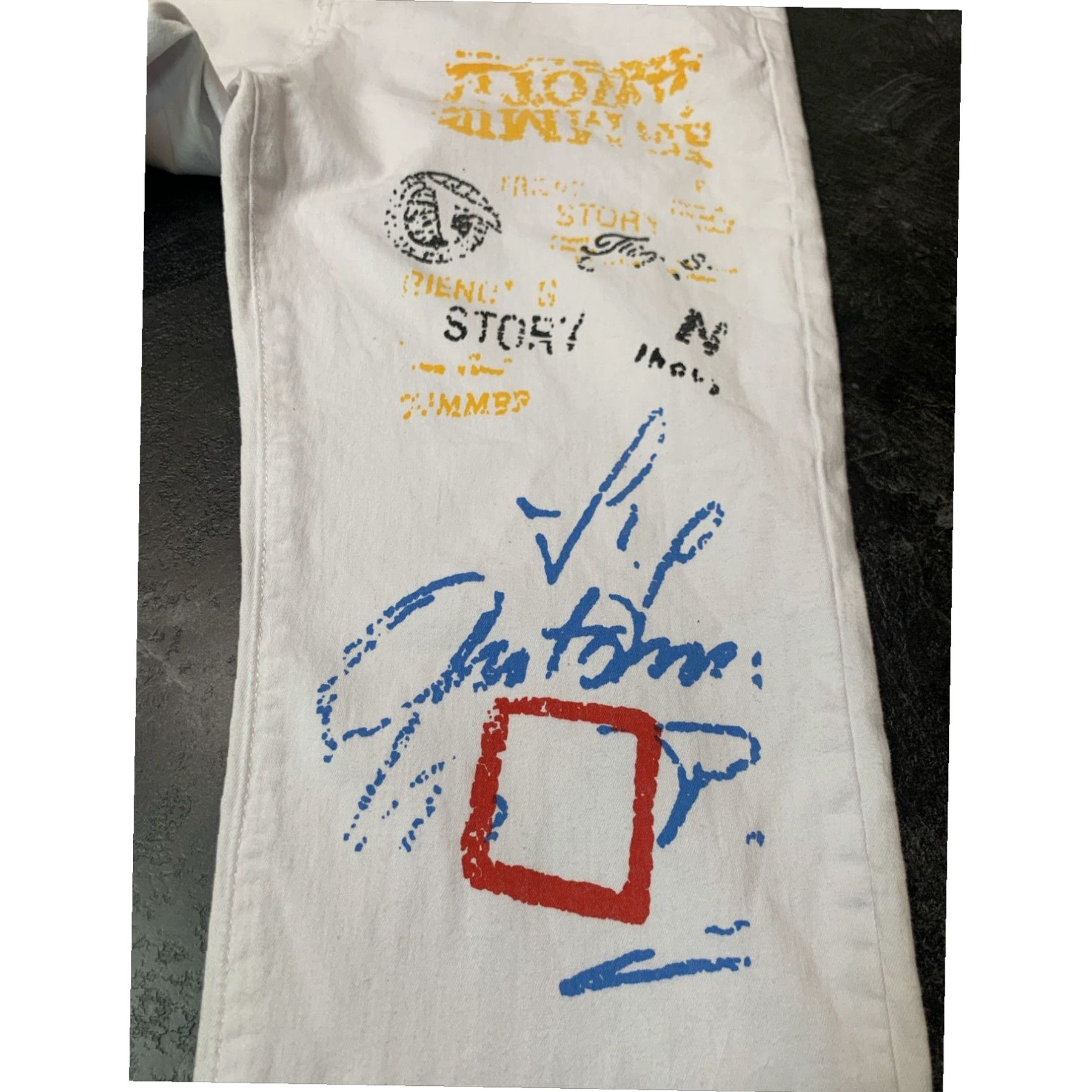 Vintage Graffiti White Paris 1939 Womens Jeans Size 38 Extra Large XL Stretchy Pre Owned Size 25" / US 0 / IT 36 - 7 Thumbnail