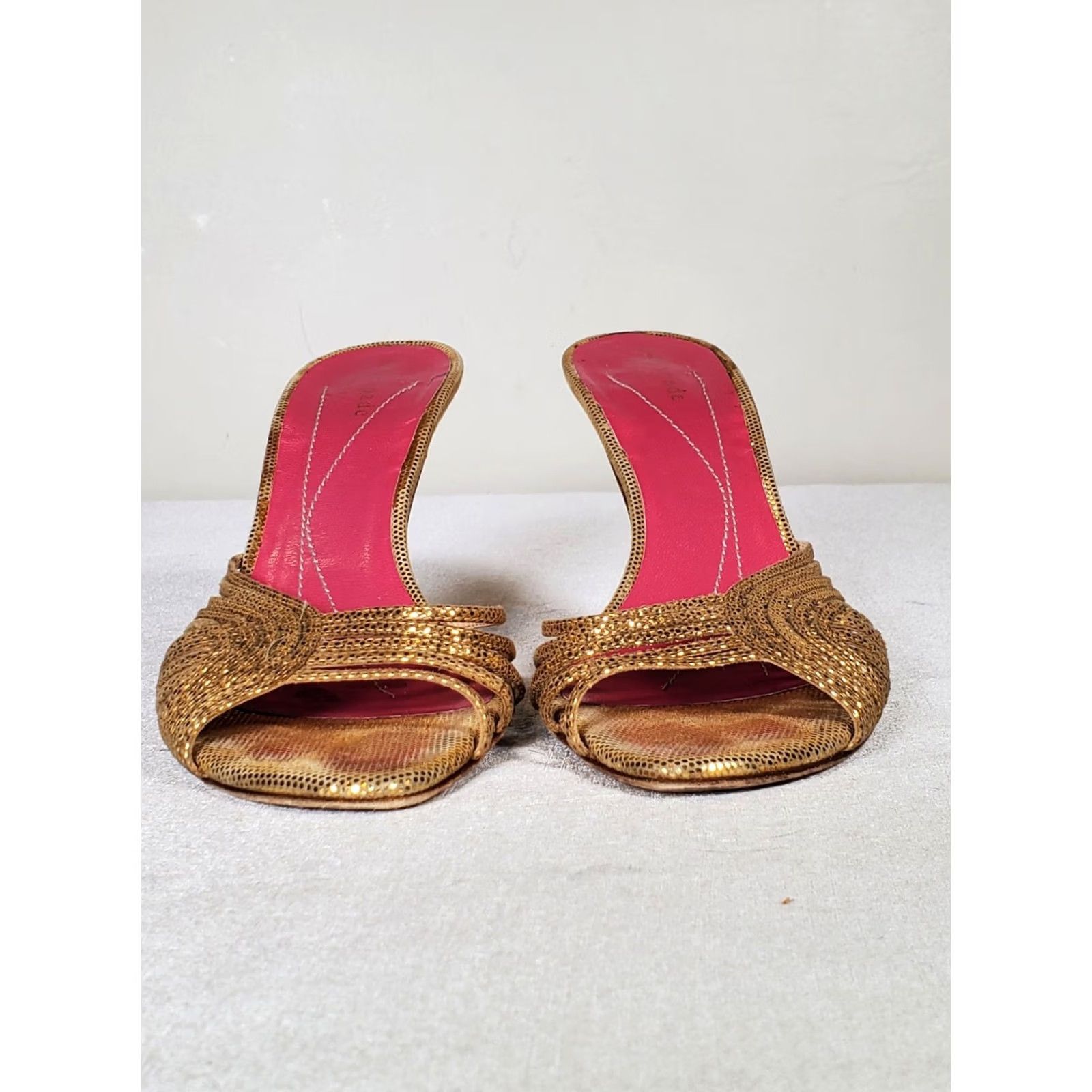 Vintage Kate Spade New York Gold Metallic Leather Open Toe Slip On High Heels Women US 7.5 B Italy Stiletto Size US 8 / IT 38 - 6 Thumbnail