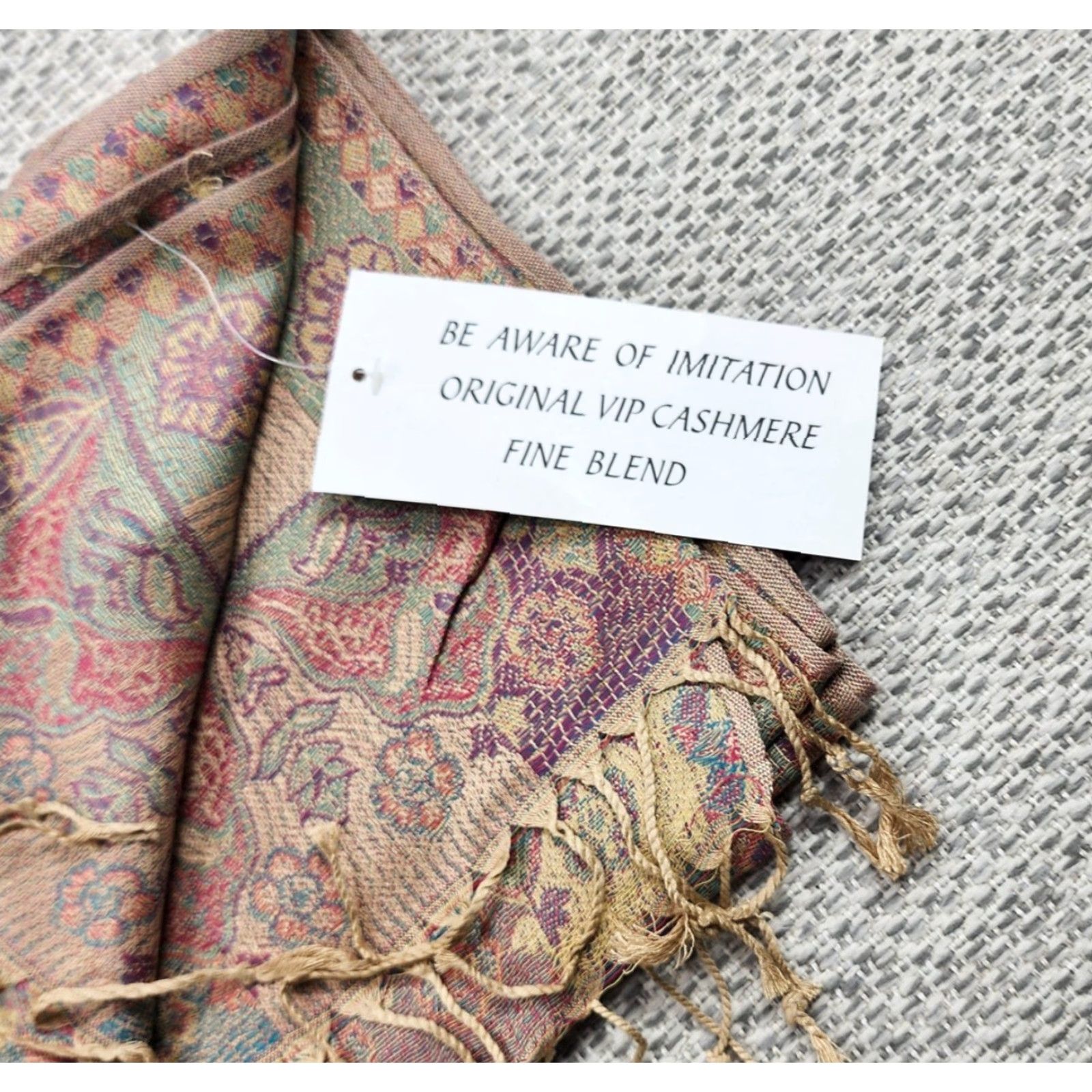 Vintage VINTAGE Jerusalem Shawl Wrap Womens Paisley Elephant Print Cashmere Tan Pink Fringe Tassel Size ONE SIZE - 4 Thumbnail
