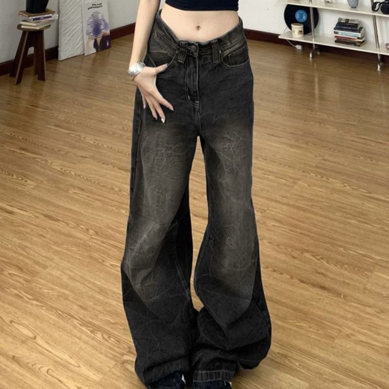 Japanese Brand Street-style retro made old straight-leg low-rise jeans ...