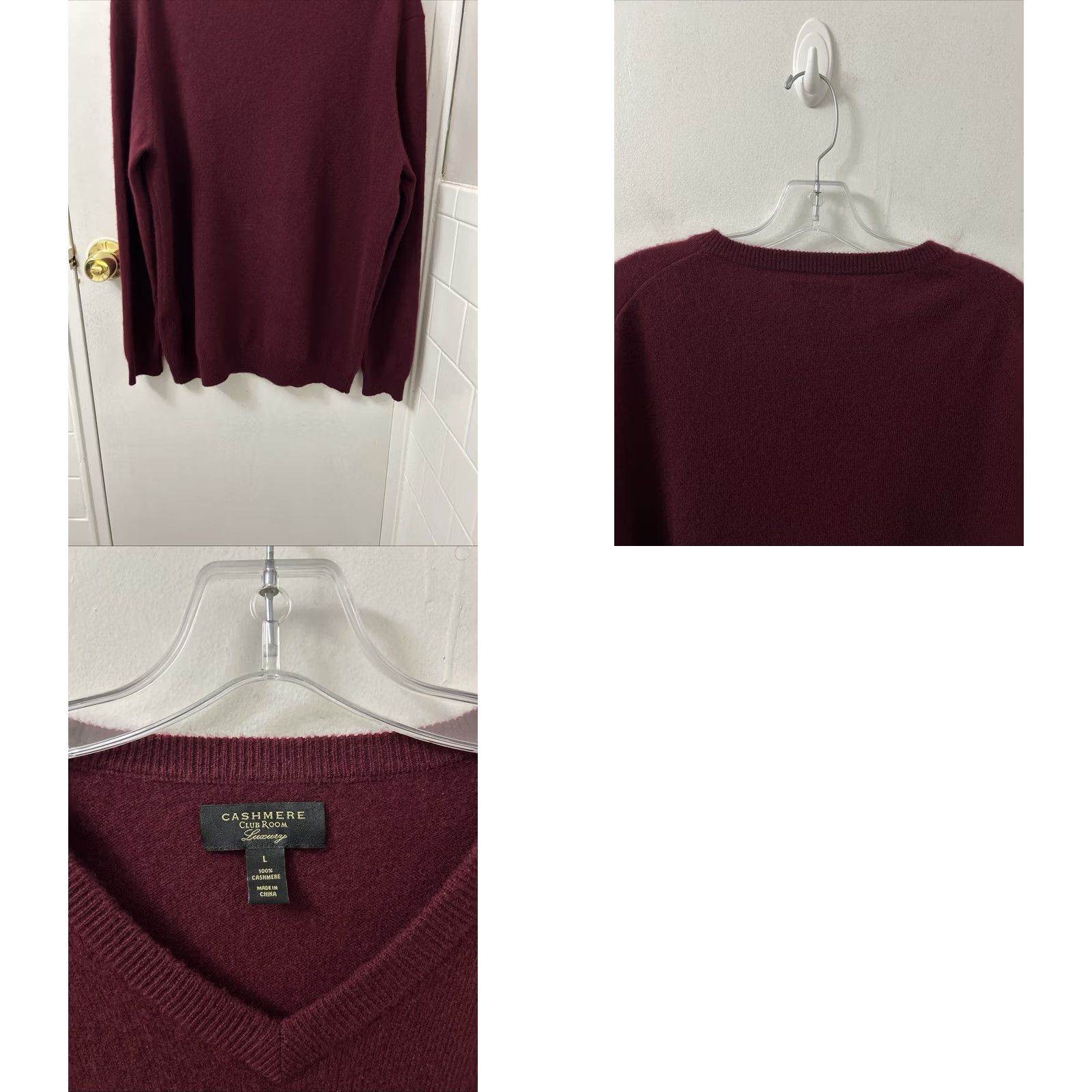 Club Room Club Room Mens Sweater V-Neck Burgundy 100% Cashmere Knit Pullover Long Sleeve L Regular Womens? Size US L / EU 52-54 / 3 - 8 Thumbnail