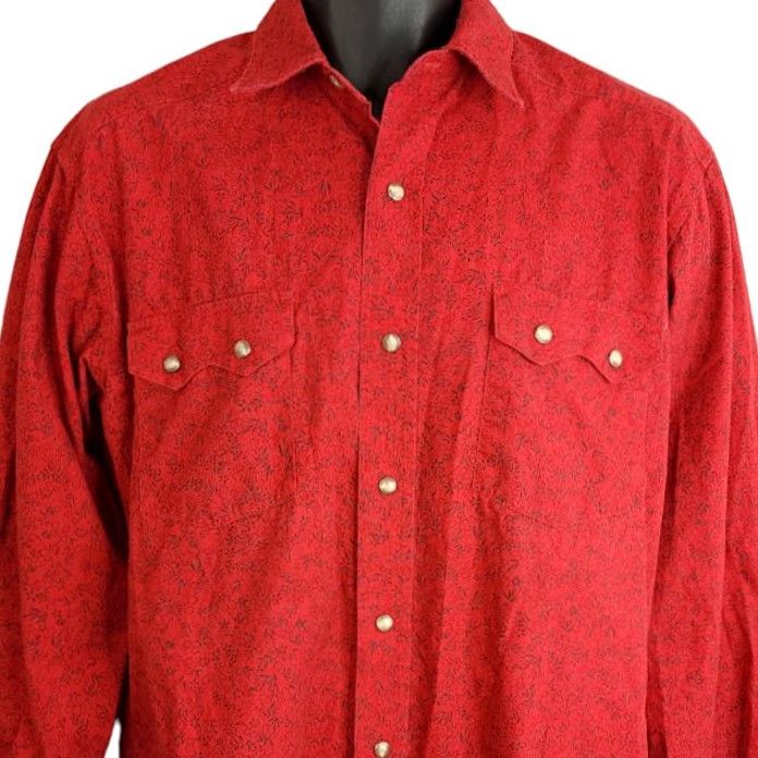 Vintage Rough Stock Panhandle Slim Western Shirt Mens Size M Pearl Snap Saw Tooth Pockets Floral Red Cotton Casual Dress Shirt Button-Down Collar Mens Size US M / EU 48-50 / 2 - 2 Thumbnail