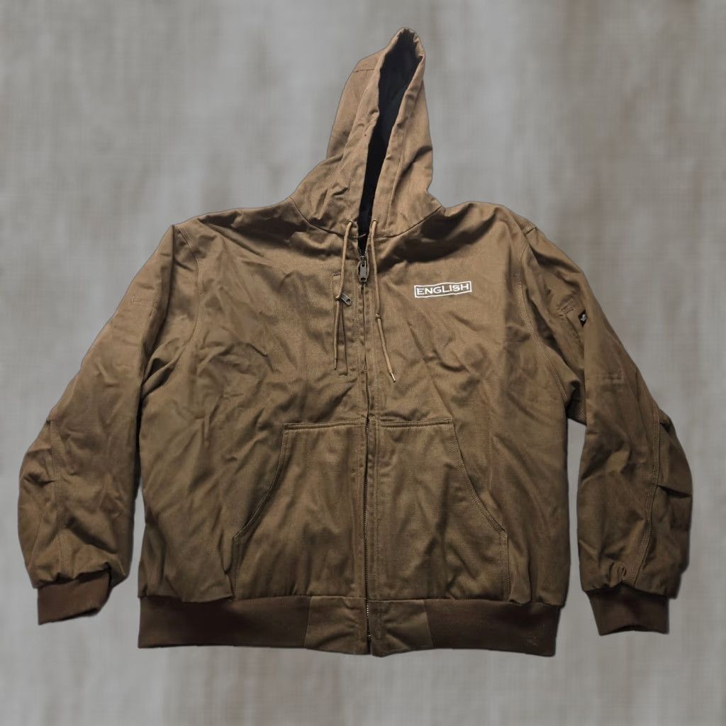 VINTAGE Crown Jacket Outerwear Canvas Workwear Hooded Full Zip Adult Men’s XXXXL 4XL Brown Cotton Polyester Nylon Lined Insulated Pockets Zip