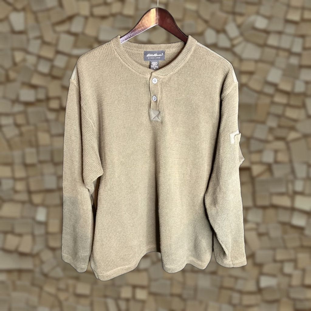VINTAGE Eddie Bauer Mens Henley Knit Sweater Green Commando Size