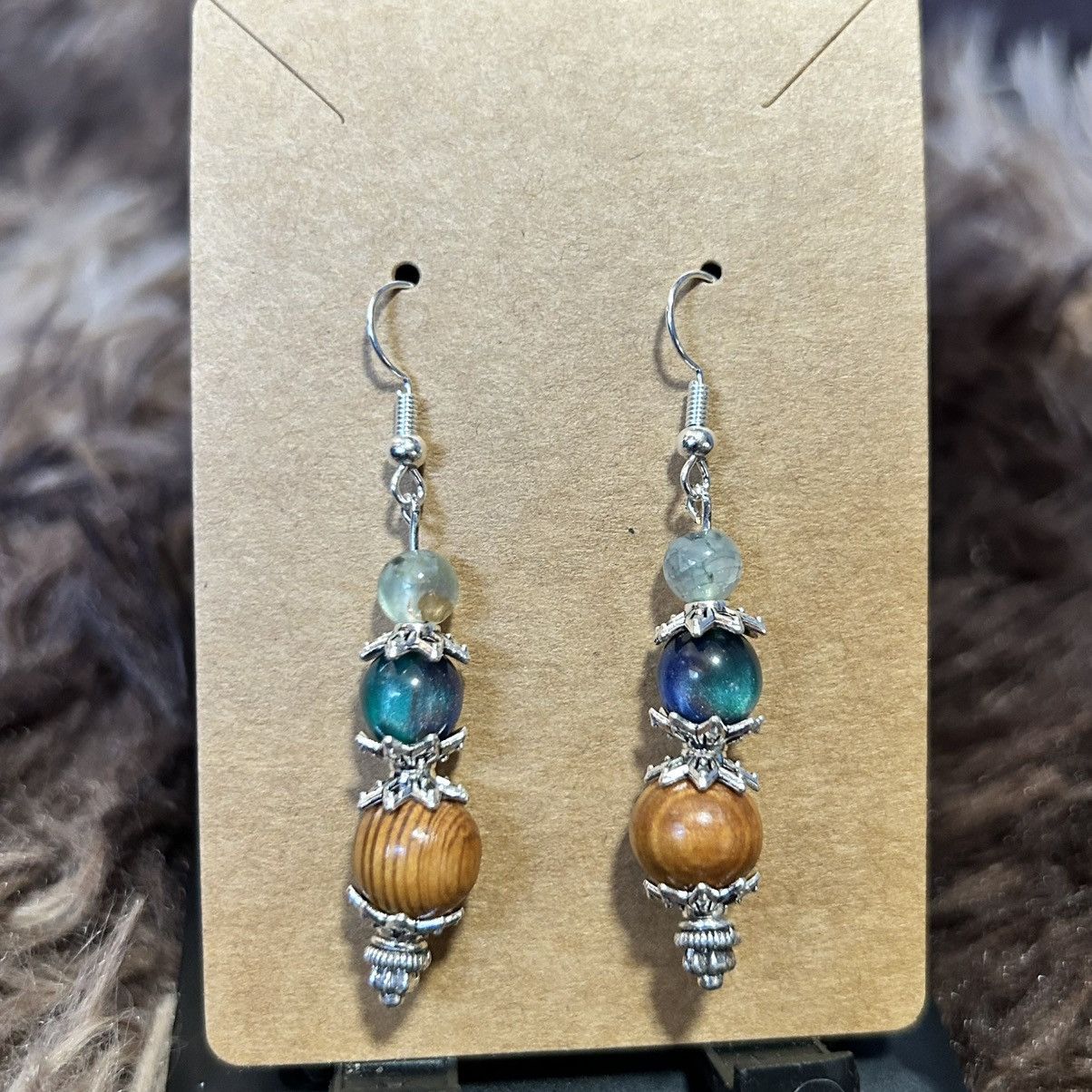 Handmade Handcrafted vintage wood bead dragon vein agate earrings Size ONE SIZE - 2 Thumbnail