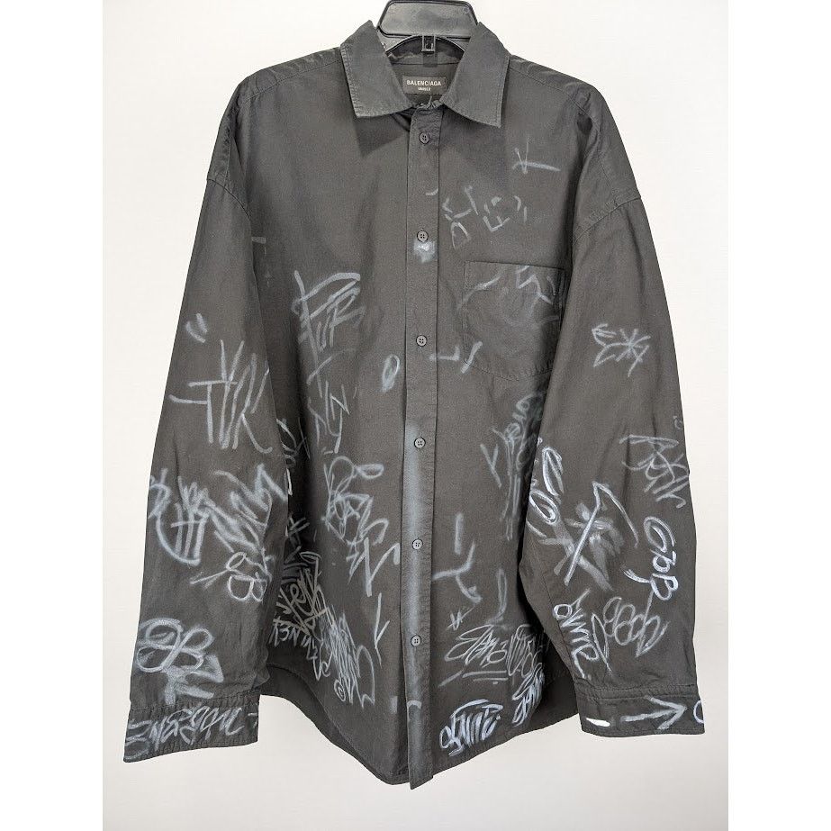 Balenciaga o1rshd1 Cotton Poplin Graffiti Oversized Shirt in Black Size US L / EU 52-54 / 3 - 2 Thumbnail