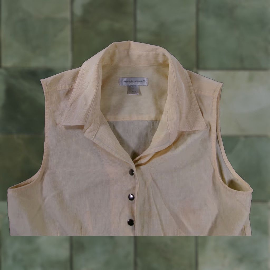 Vintage Christopher Banks Blouse Womens M Sleeveless Button Front Collared Light Yellow Beige Solid Size M / US 6-8 / IT 42-44 - 1 Thumbnail