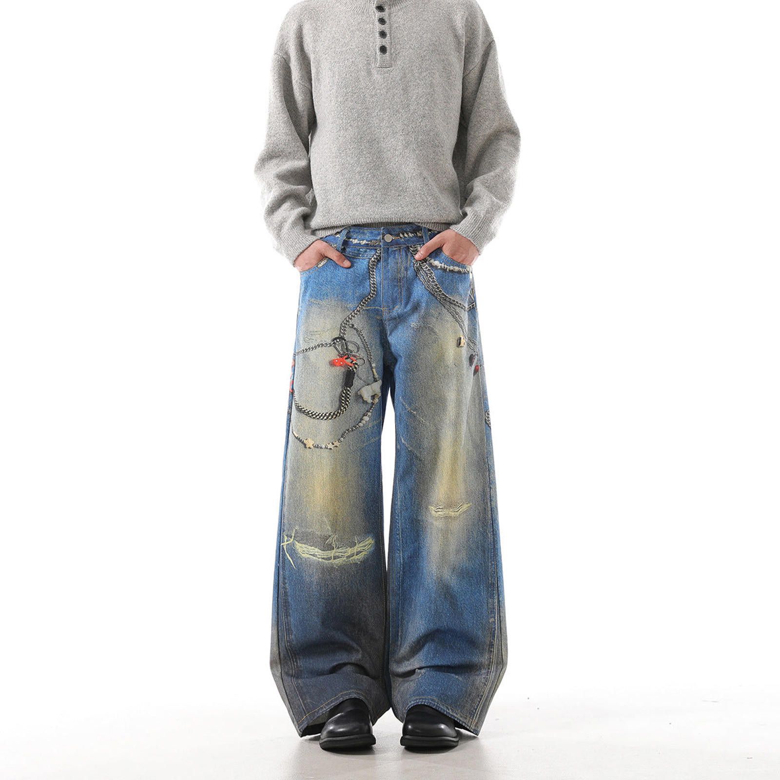 Japanese Brand Blue Distressed Wide Leg Denim Jeans, Baggy Fit Jeans Size US 32 / EU 48 - 6 Thumbnail