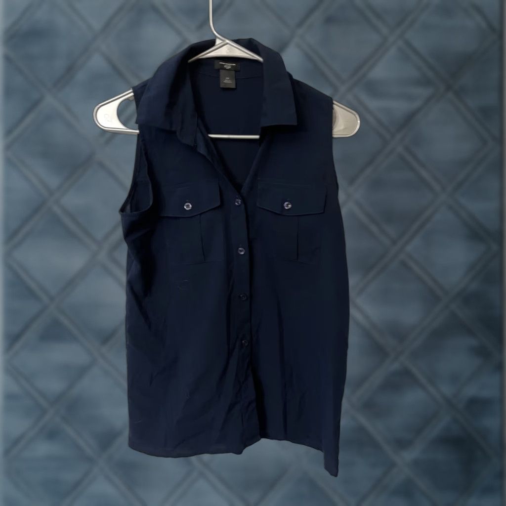Vintage Ann Taylor Classic Navy Blue Button Down Sleeveless Blouse Petite PXS Womens Fashion Basic Size XS / US 0-2 / IT 36-38 - 1 Thumbnail