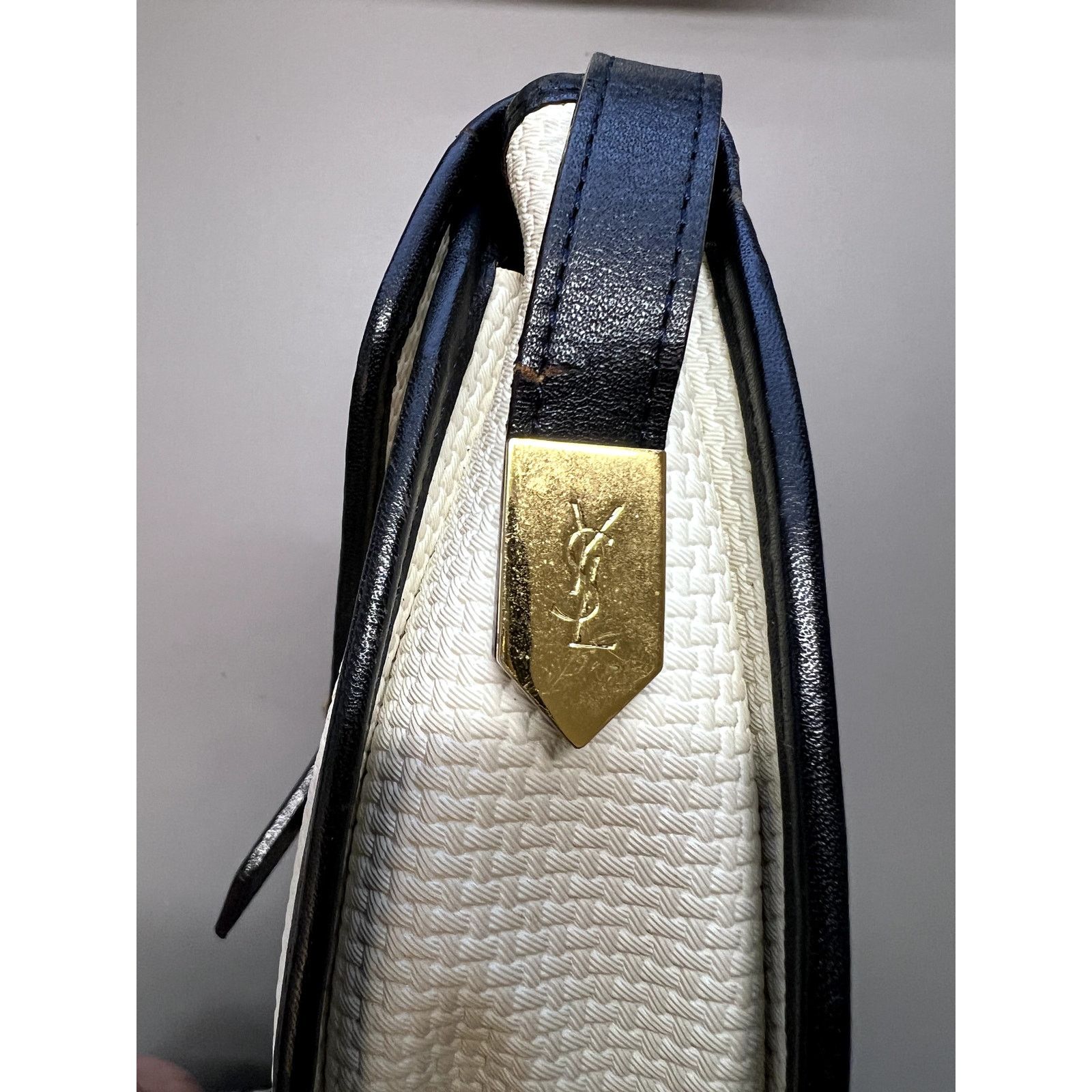 Yves Saint Laurent VINTAGE Late Y2K YSL Ivory Navy Blue Canvas Woven Crossbody Size ONE SIZE - 11 Thumbnail