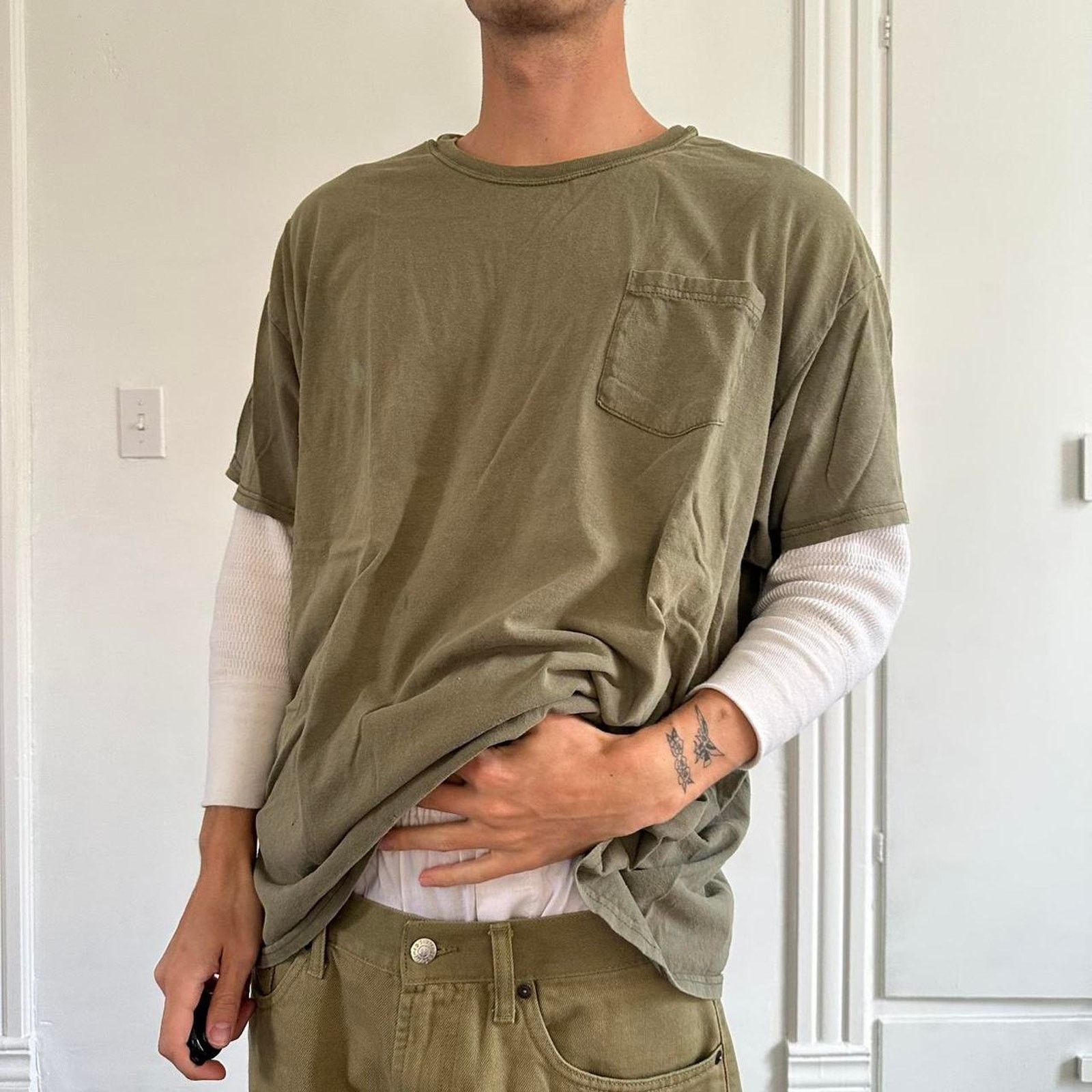Vintage Y2K Green Olive Faded Thrashed Baggy Oversized Cotton Tee Size US XXL / EU 58 / 5 - 3 Thumbnail
