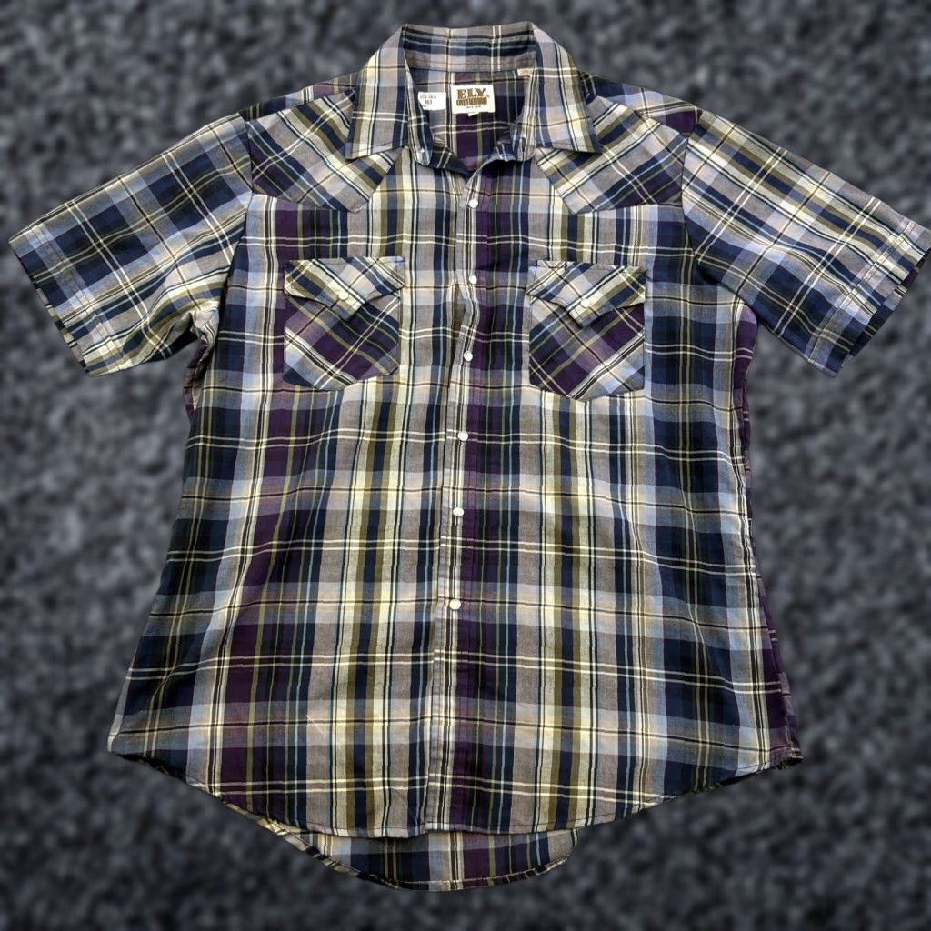 Vintage VINTAGE Ely Cattleman Shirt Mens L Blue Purple Plaid Short Sleeve Pearl Snap Adult Size US L / EU 52-54 / 3 - 1 Thumbnail