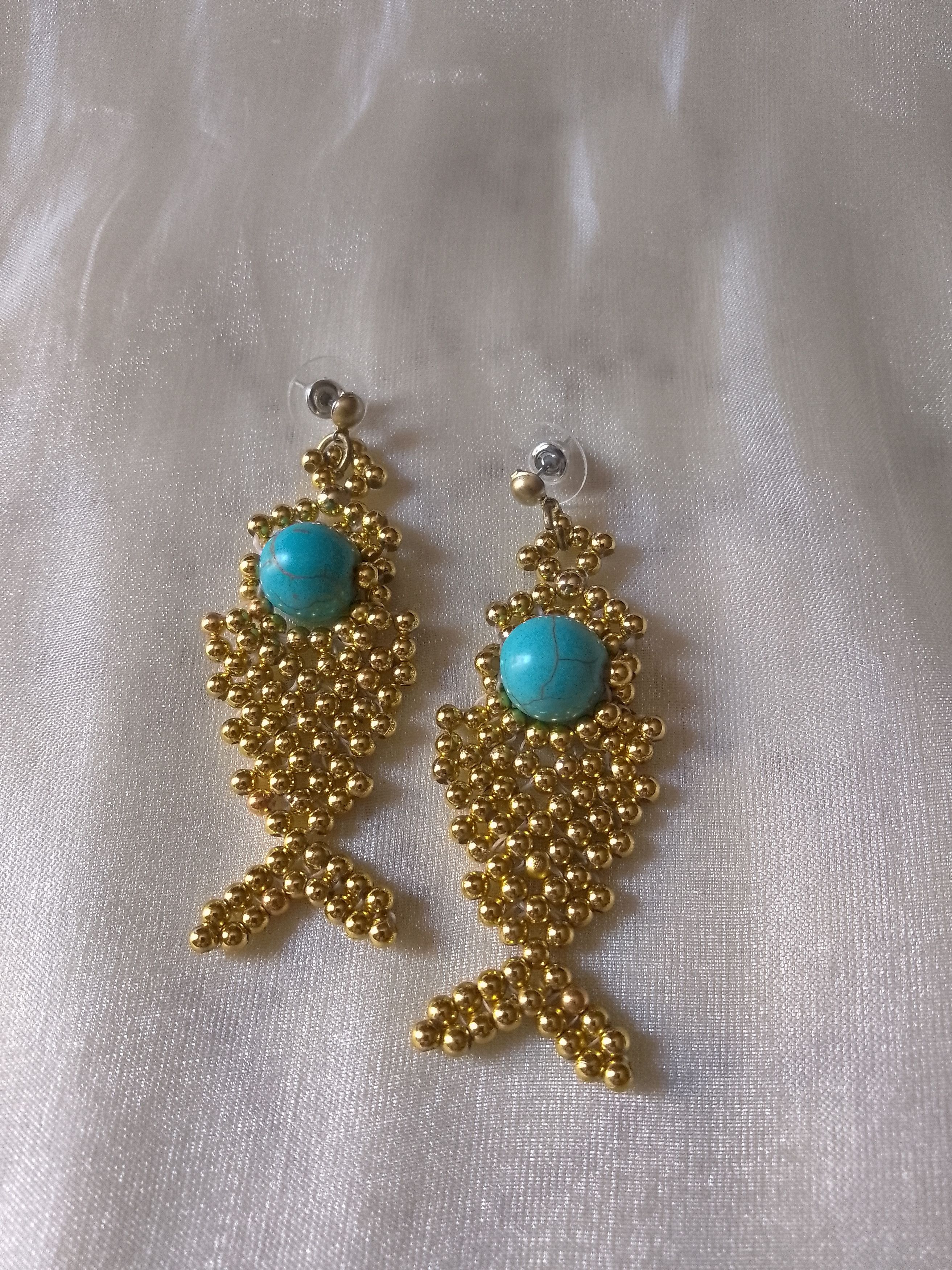 Handmade Golden Fishbone earrings natural turquoise gemstones Size ONE SIZE - 4 Thumbnail