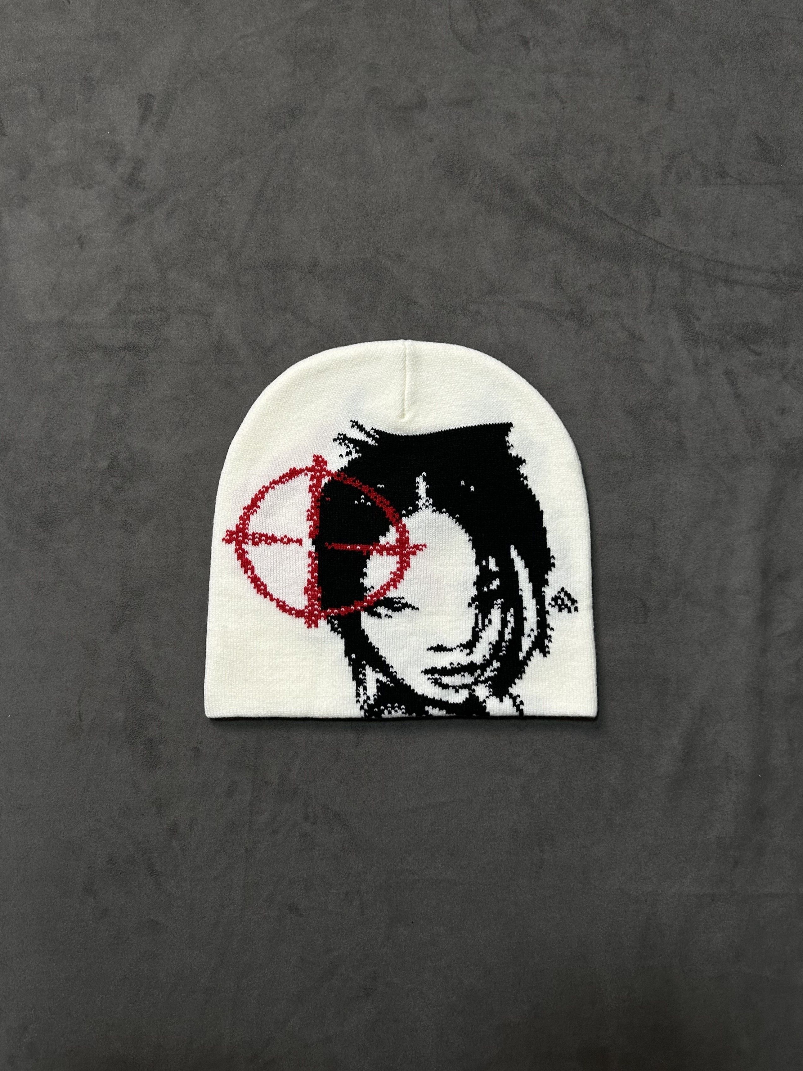 Japanese Brand Anime Girl Target Graphic No Cuff Knit Beanie White Hat OS Size ONE SIZE - 1 Thumbnail