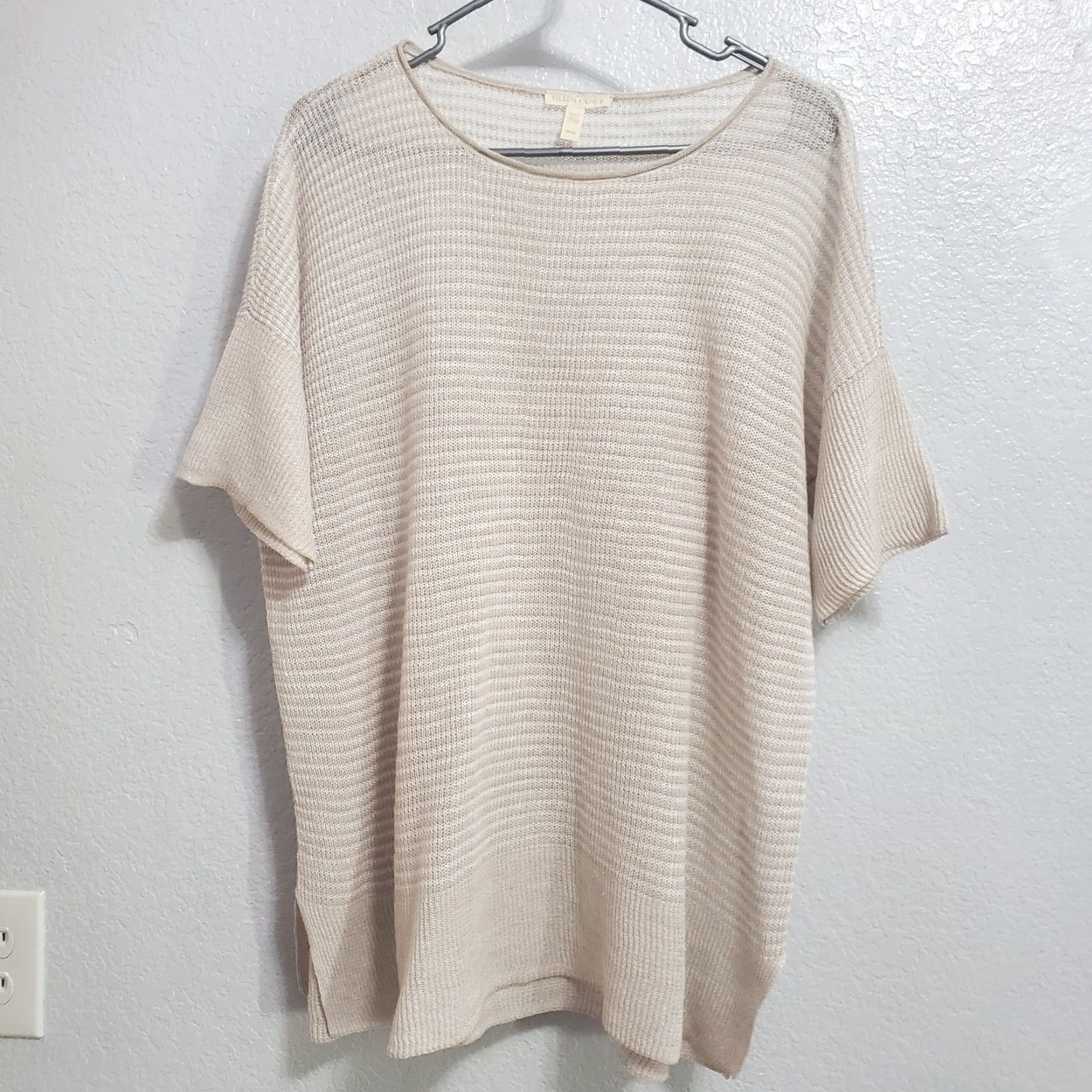 Eileen Fisher VINTAGE Eileen Fisher Top Women M Tan White Striped Knit Linen Beachy FLAW Size M / US 6-8 / IT 42-44 - 2 Thumbnail
