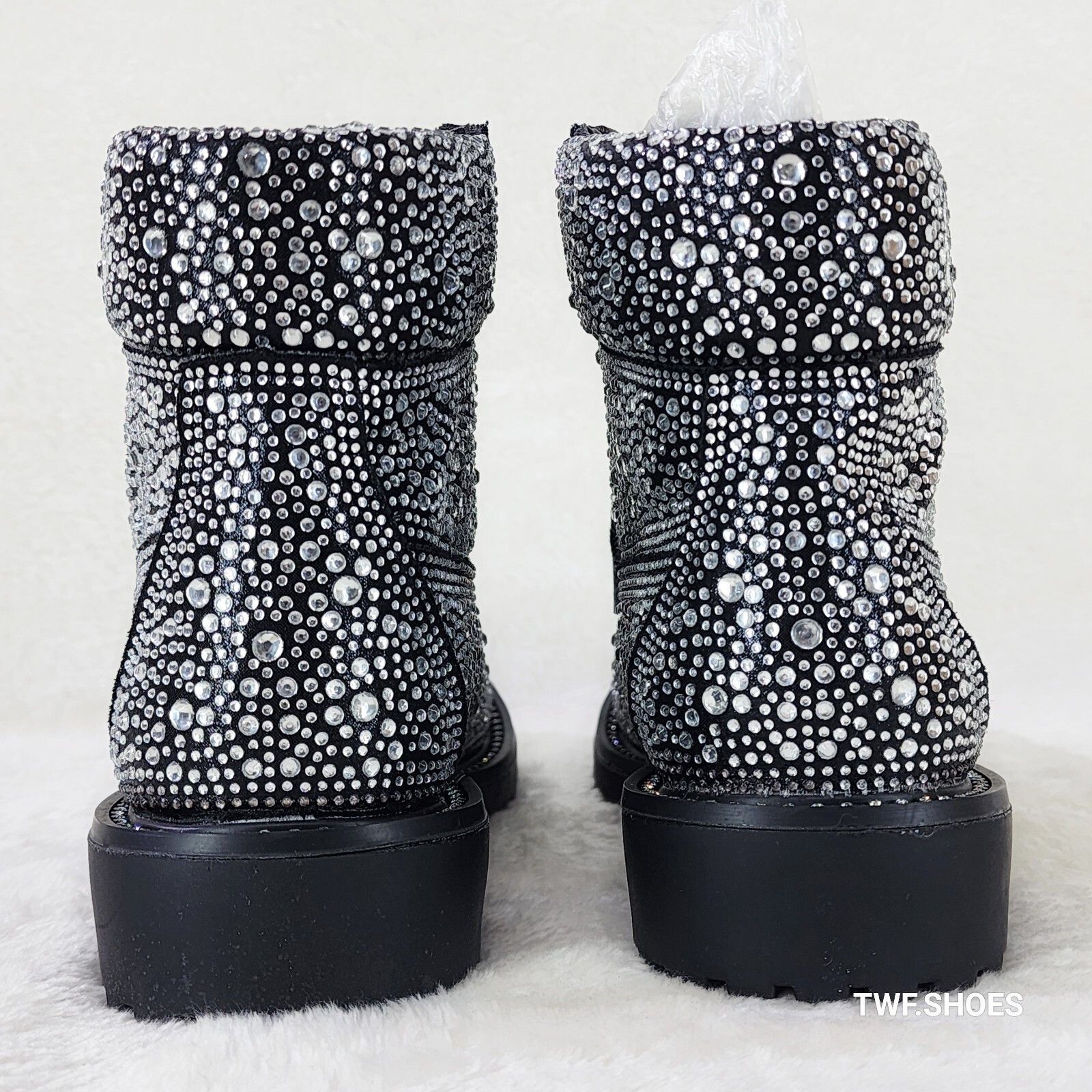 Other Wonder Sparkling Rhinestone Combat Ankle Boots Metallic Blac Size US 8 / IT 38 - 4 Thumbnail
