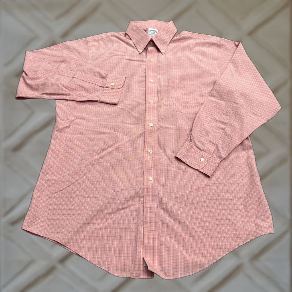Brooks Brothers Brooks Brothers Dress Shirt Mens 17-34 Orange Plaid Non Iron Slim Fit Shirt Size 46R - 1 Thumbnail