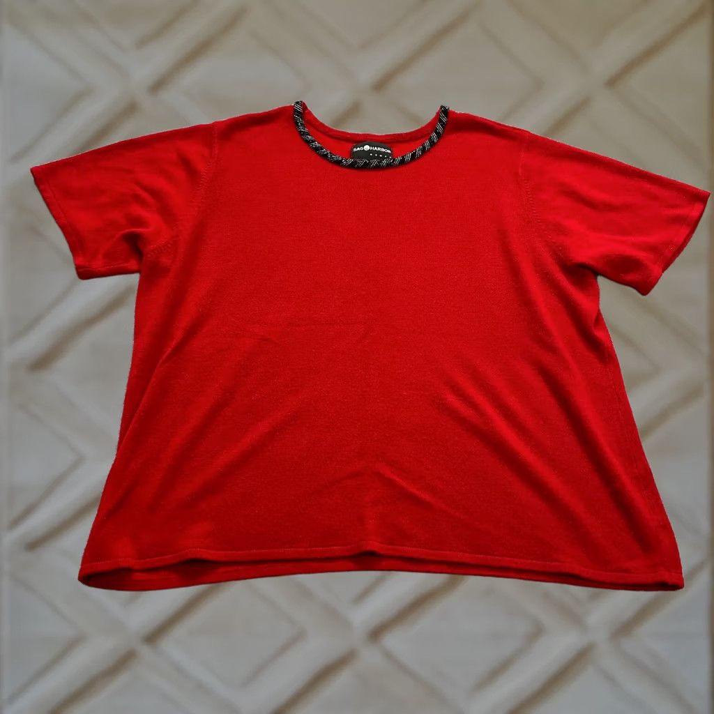 Vintage VINTAGE Sag Harbor Sweater Womens 2X Red Short Sleeve Navy? No—Red Short Sleeve Pullover Beaded Crew Neck Sag Harbor Womens 2X Sweater Size XXL / US 16-18 / IT 52-54 - 1 Thumbnail