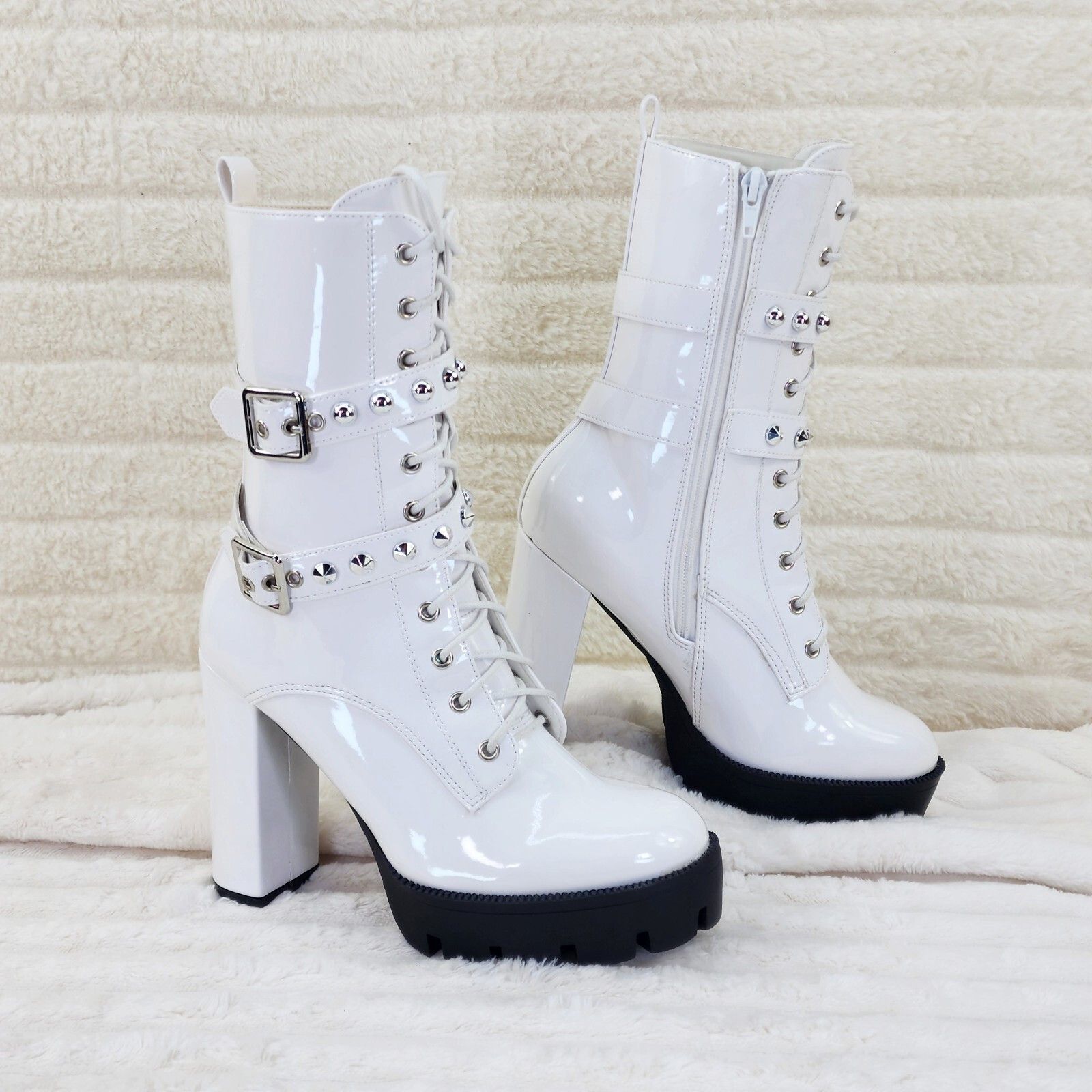 Other Bright White Patent Lug Sole Studded Strap Ankle Boots Tempt Size US 9 / IT 39 - 5 Thumbnail
