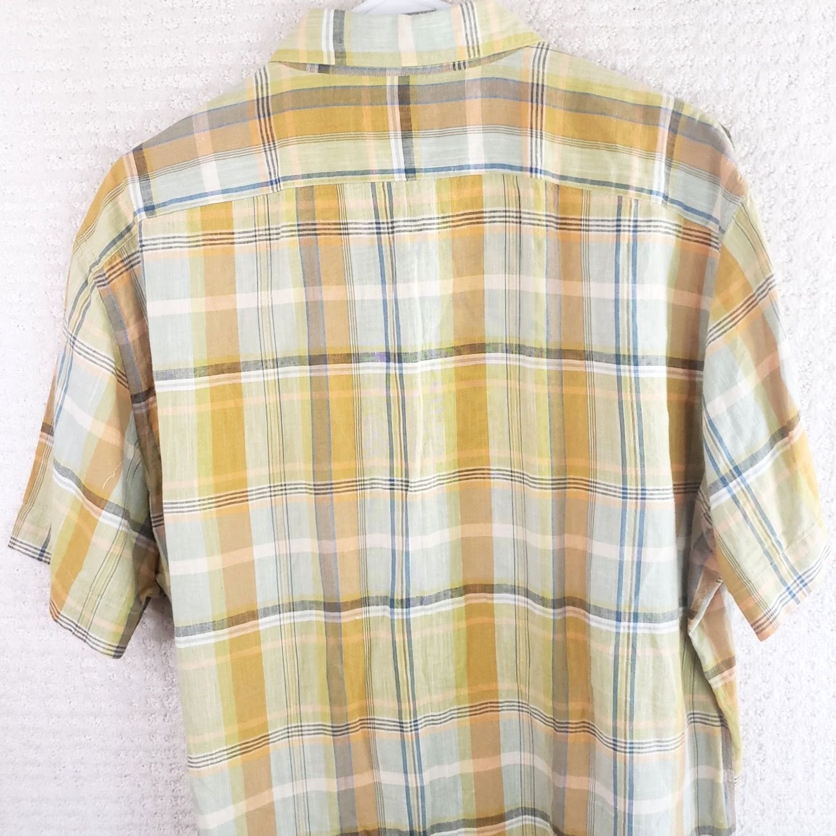 Vintage Two Flowers Linen Blend Camp Shirt Men XL Yellow Green Orange Plaid SS Button Size US XL / EU 56 / 4 - 7 Thumbnail