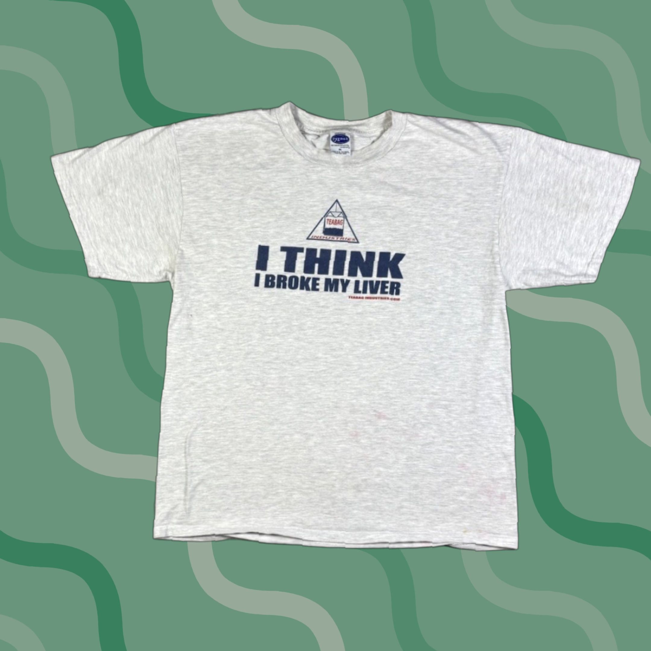 Industrie VINTAGE 90s Teabag Industries I Think I Broke My Liver Funny T Shirt XL Gray Cotton Crew Neck Short Sleeve Men’s Cygnus Graphic Print Size US XL / EU 56 / 4 - 1 Thumbnail