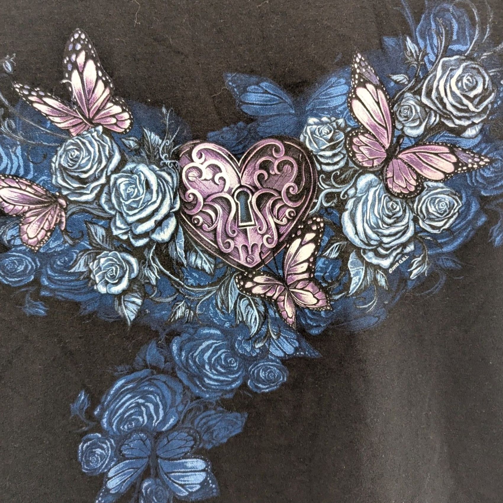 Vintage Black Long Sleeve Shirt Roses Butterflies Heart Lock Graphic Biker Women's XL Size XL / US 12-14 / IT 48-50 - 3 Thumbnail