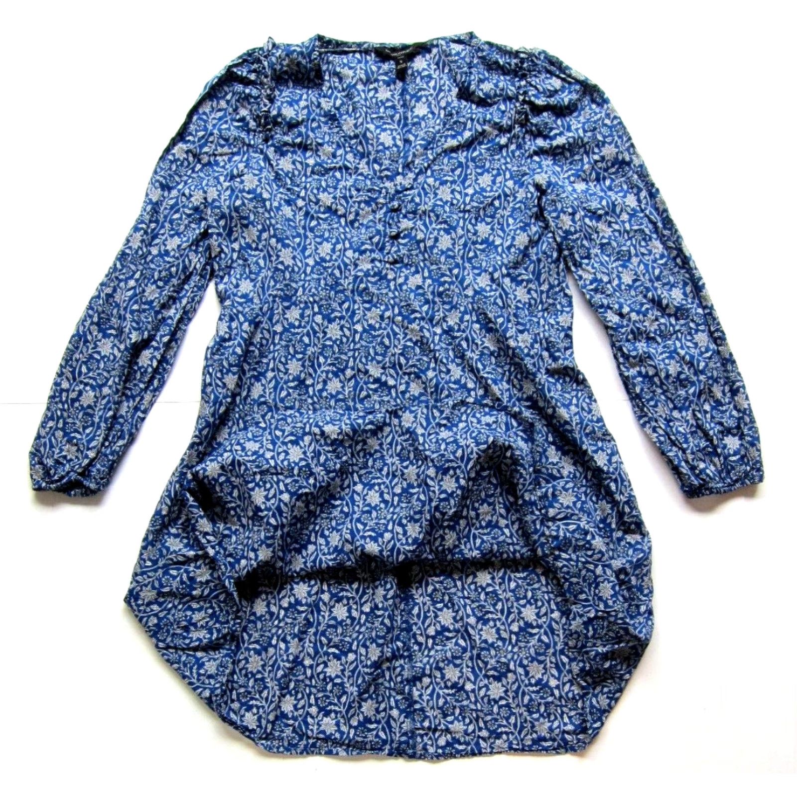 Banana Republic Banana Republic Cotton Blue White Floral V-Neck Long Sleeve Tunic Dress Small Size S / US 4 / IT 40 - 5 Thumbnail