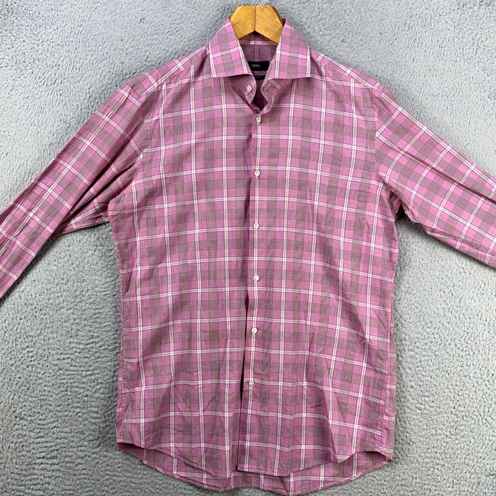 Hugo Boss VINTAGE Hugo Boss Shirt Dress Mens 15.5 39 Pink Plaid Regular Fit Long Sleeve Button Up Size 40R - 2 Thumbnail