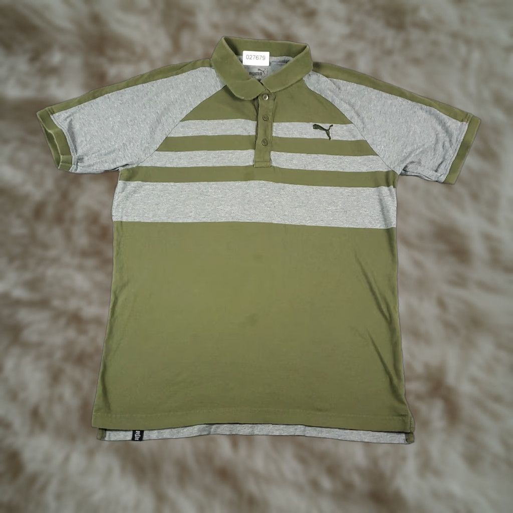 Puma PUMA Polo Shirt Men's Medium Gray Green Striped Cotton Blend Short Sleeve Activewear Size US M / EU 48-50 / 2 - 1 Thumbnail