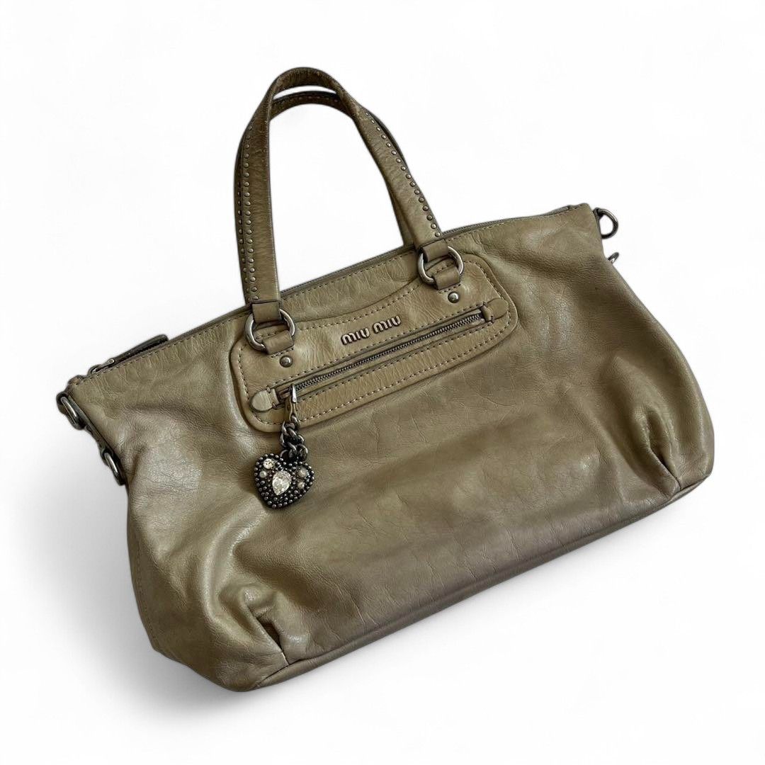 Miu Miu Miu Miu - Studded Crystal Handbag Calf Leather Gray Heart Size ONE SIZE - 3 Thumbnail