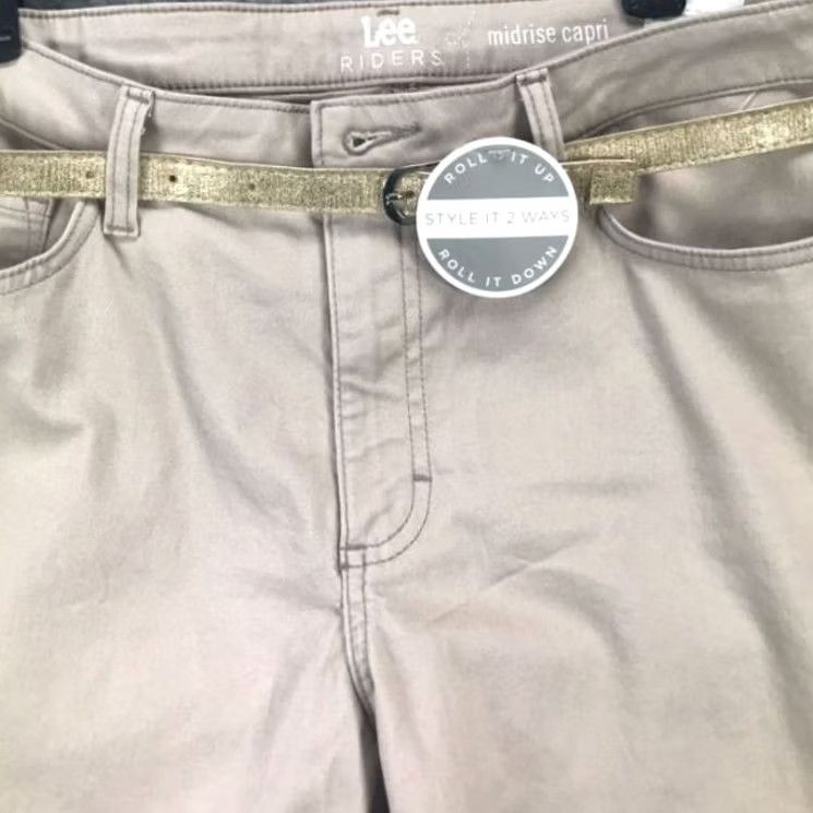 Lee Lee Riders Capri Pants Womens 12M Tan Mid Rise Belted Outdoors Denim Slacks New Size 34" / US 12 / IT 48 - 5 Thumbnail
