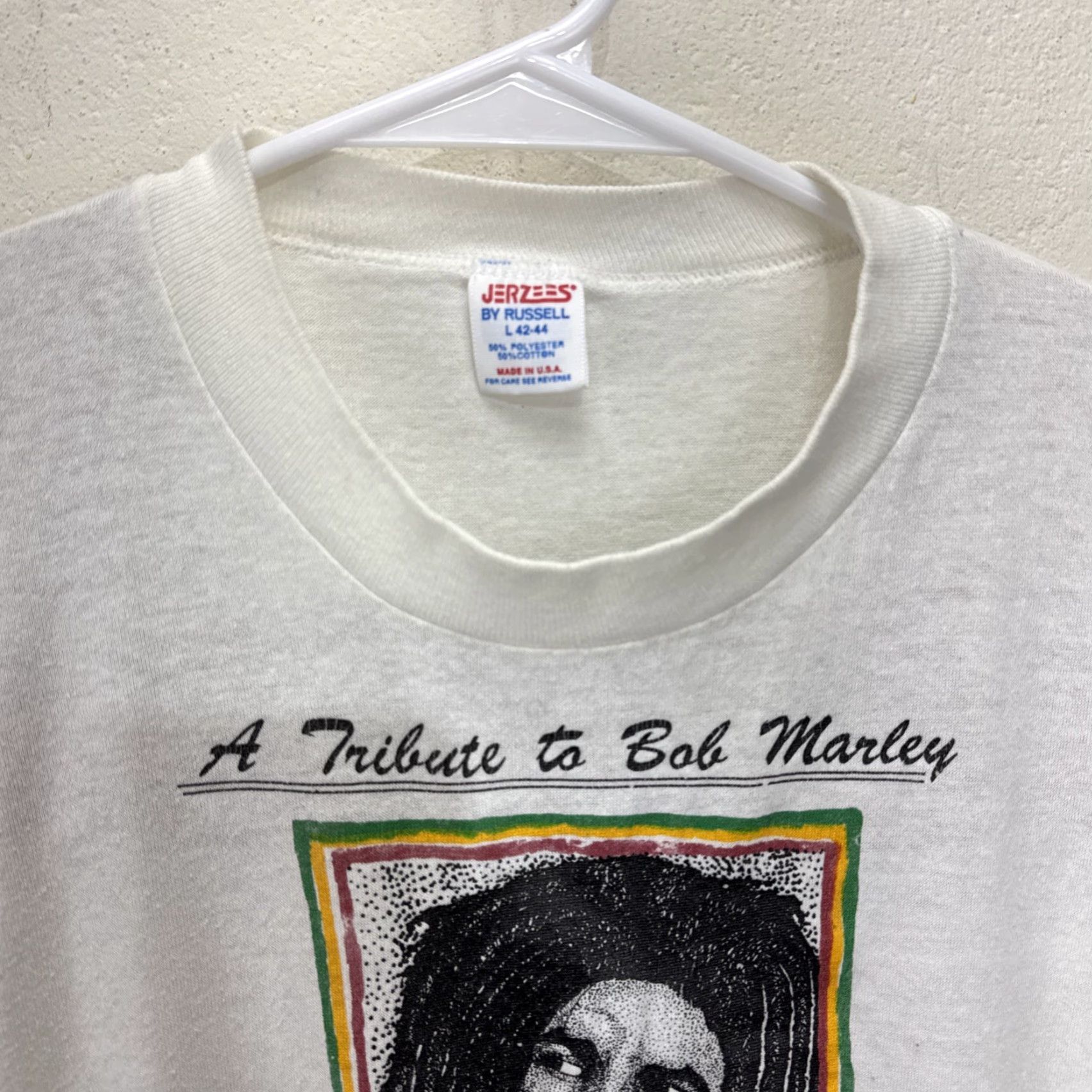 Jerzees VINTAGE Bob Marley T-Shirt 1986 U-Roy Rastafari Graphic Tee Mens Large White 80s Size US M / EU 48-50 / 2 - 4 Thumbnail